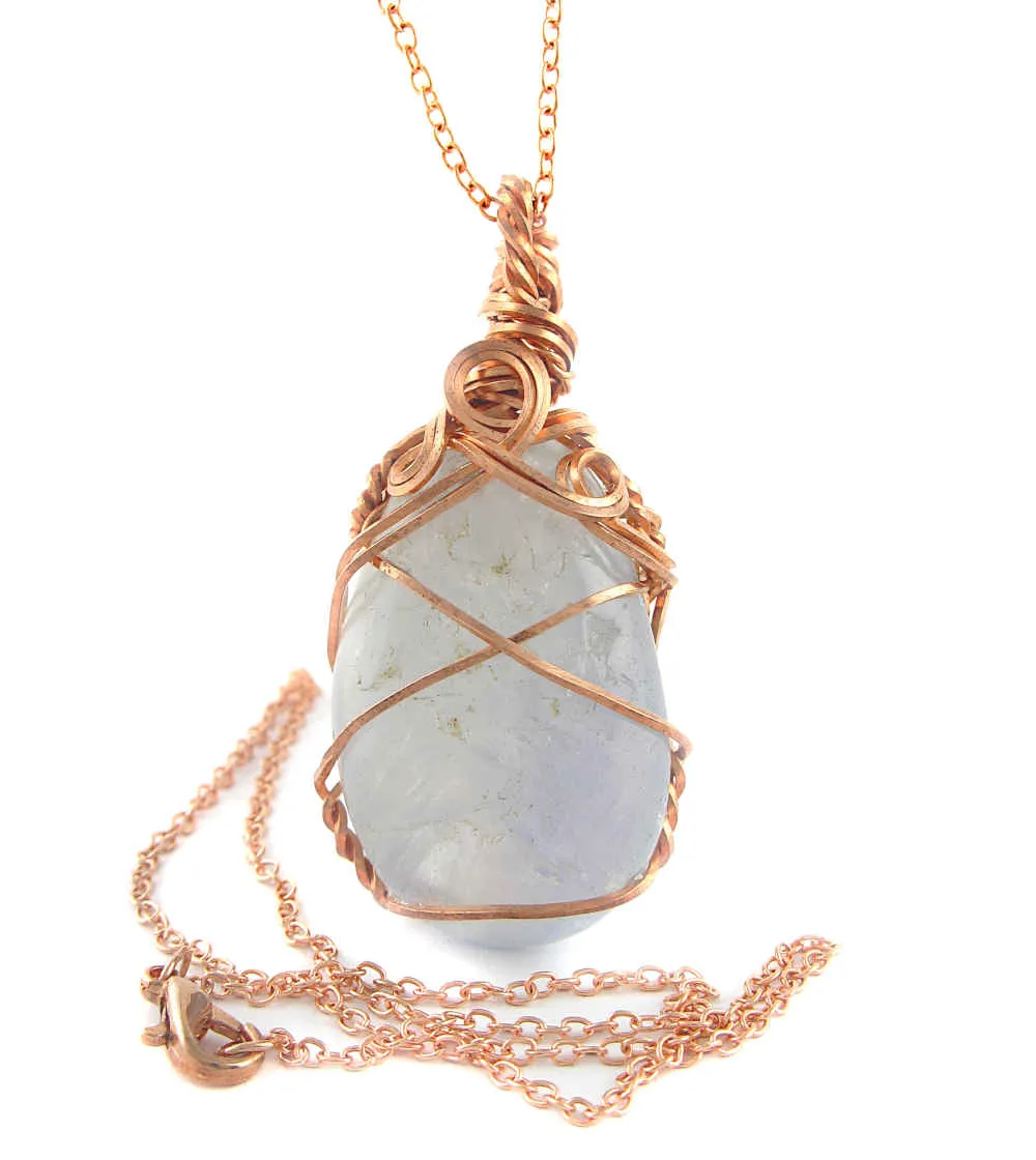 Polished Blue Celestite Pendant Necklace, Copper Wire-Wrapped, with 20 Chain, Handmade  #6