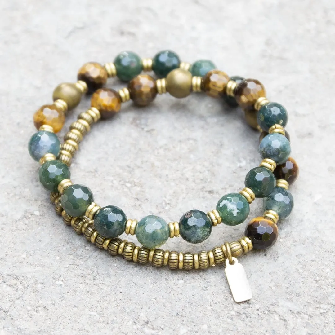 Prosperity and Abundance Moss Agate and Tiger's Eye Mala Bracelet