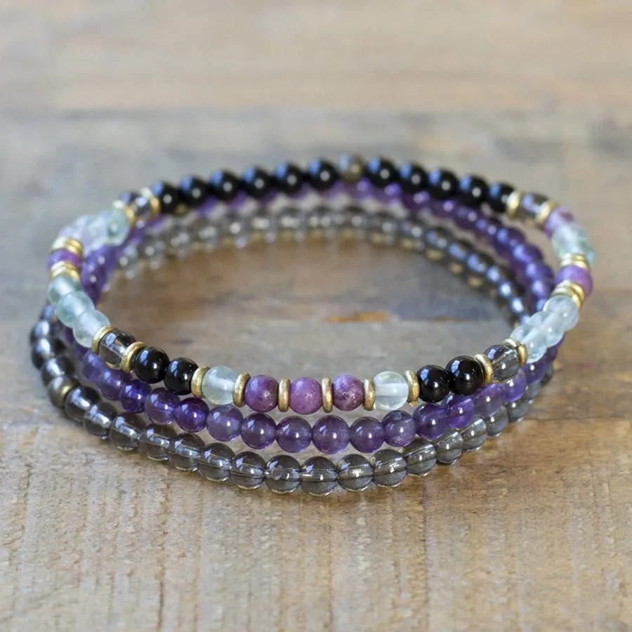 Protection and Good Energy Black Tourmaline Smoky Quartz and Amethyst Delicate Bracelet Stack