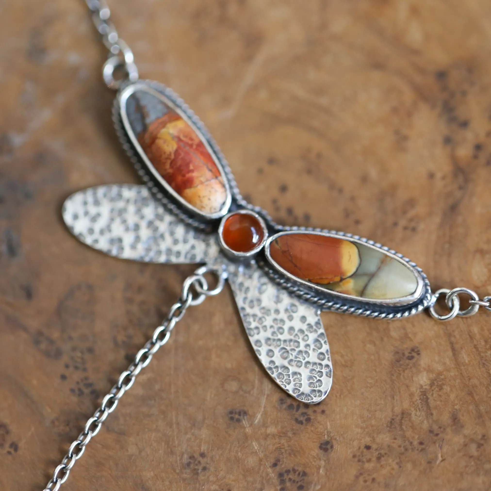 Red Creek Jasper Dragonfly Necklace - Carnelian .925 Sterling Silver Pendant