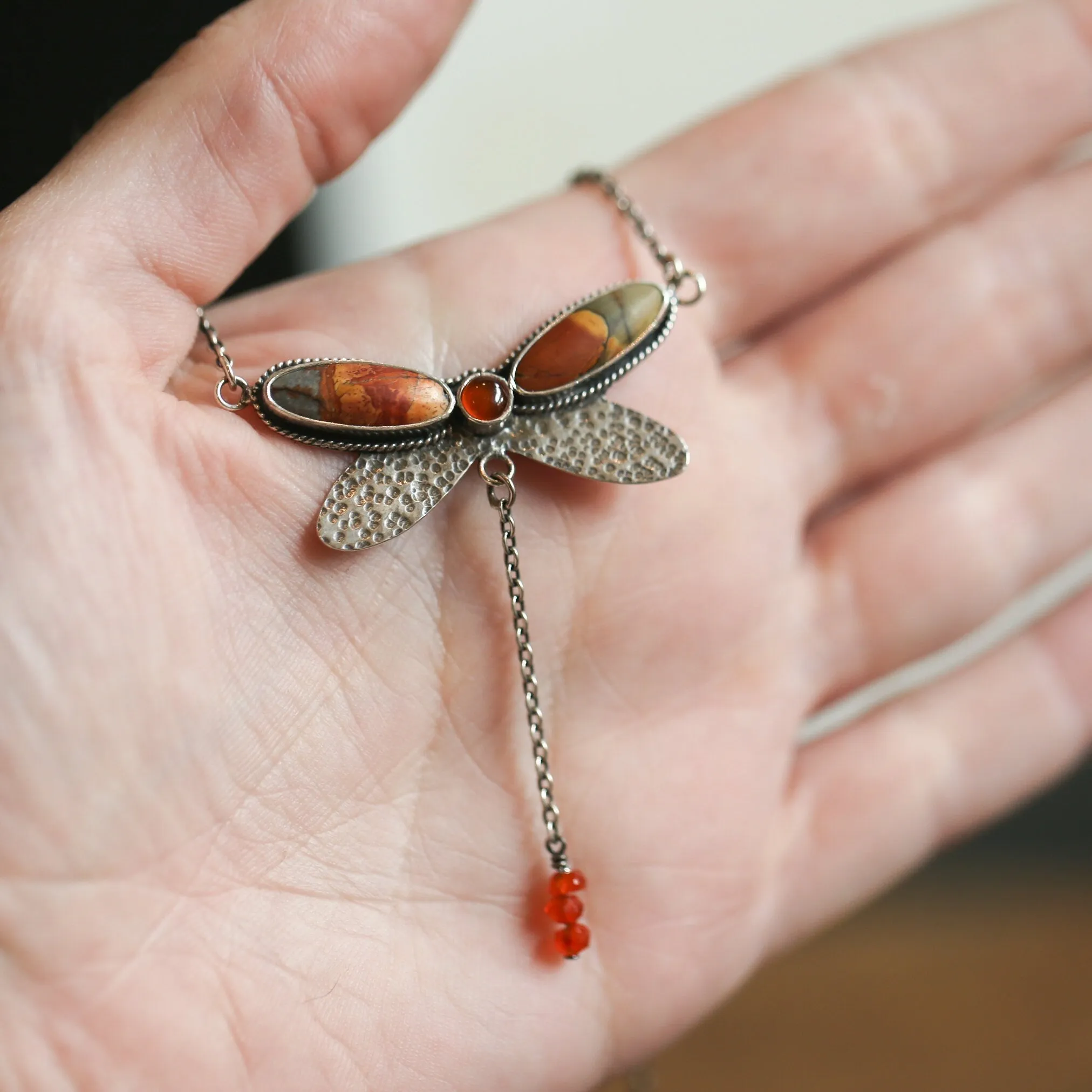 Red Creek Jasper Dragonfly Necklace - Carnelian .925 Sterling Silver Pendant