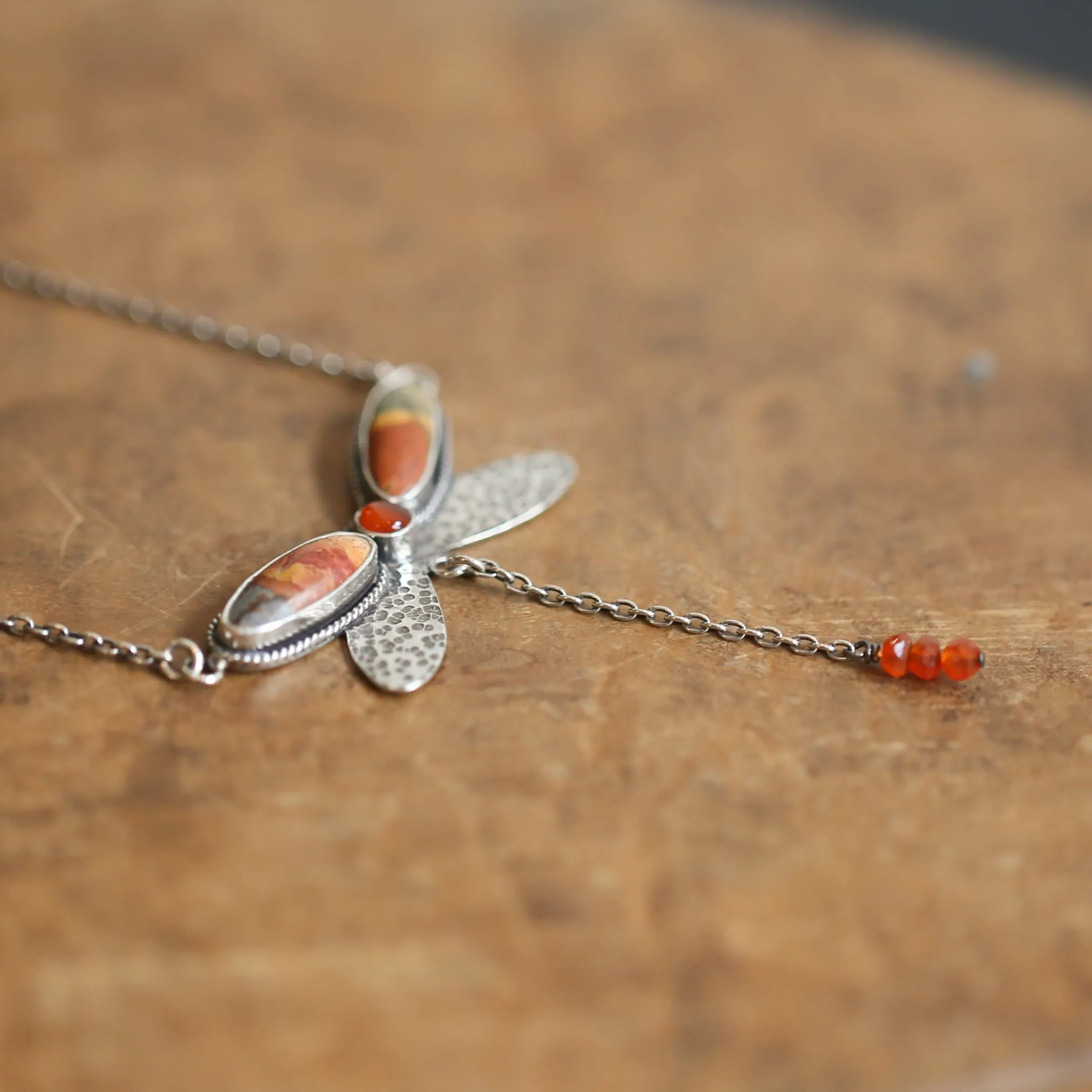 Red Creek Jasper Dragonfly Necklace - Carnelian .925 Sterling Silver Pendant