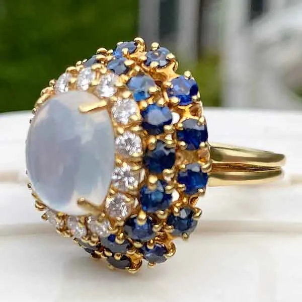 Retro Moonstone, Diamond & Sapphire Ring