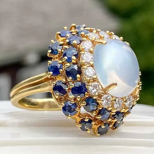 Retro Moonstone, Diamond & Sapphire Ring