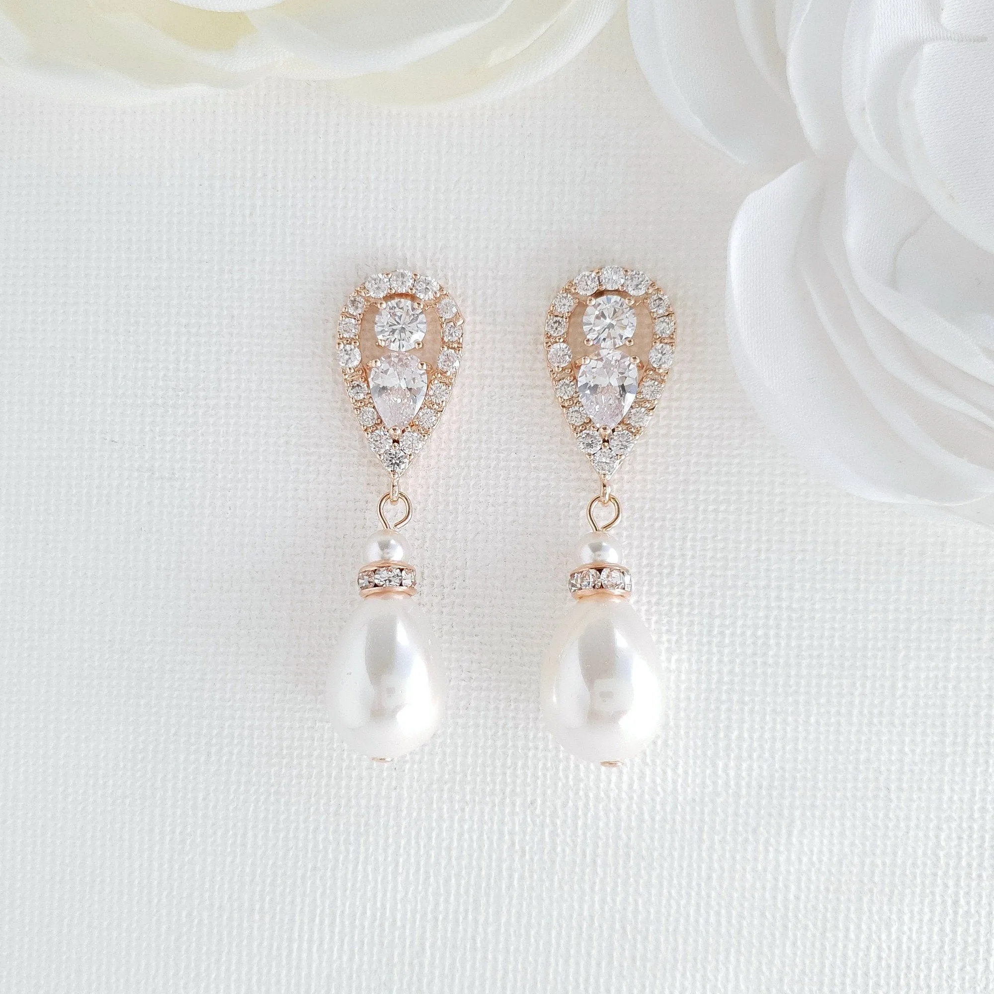 Rose Gold Pearl Drop Earrings-Cera