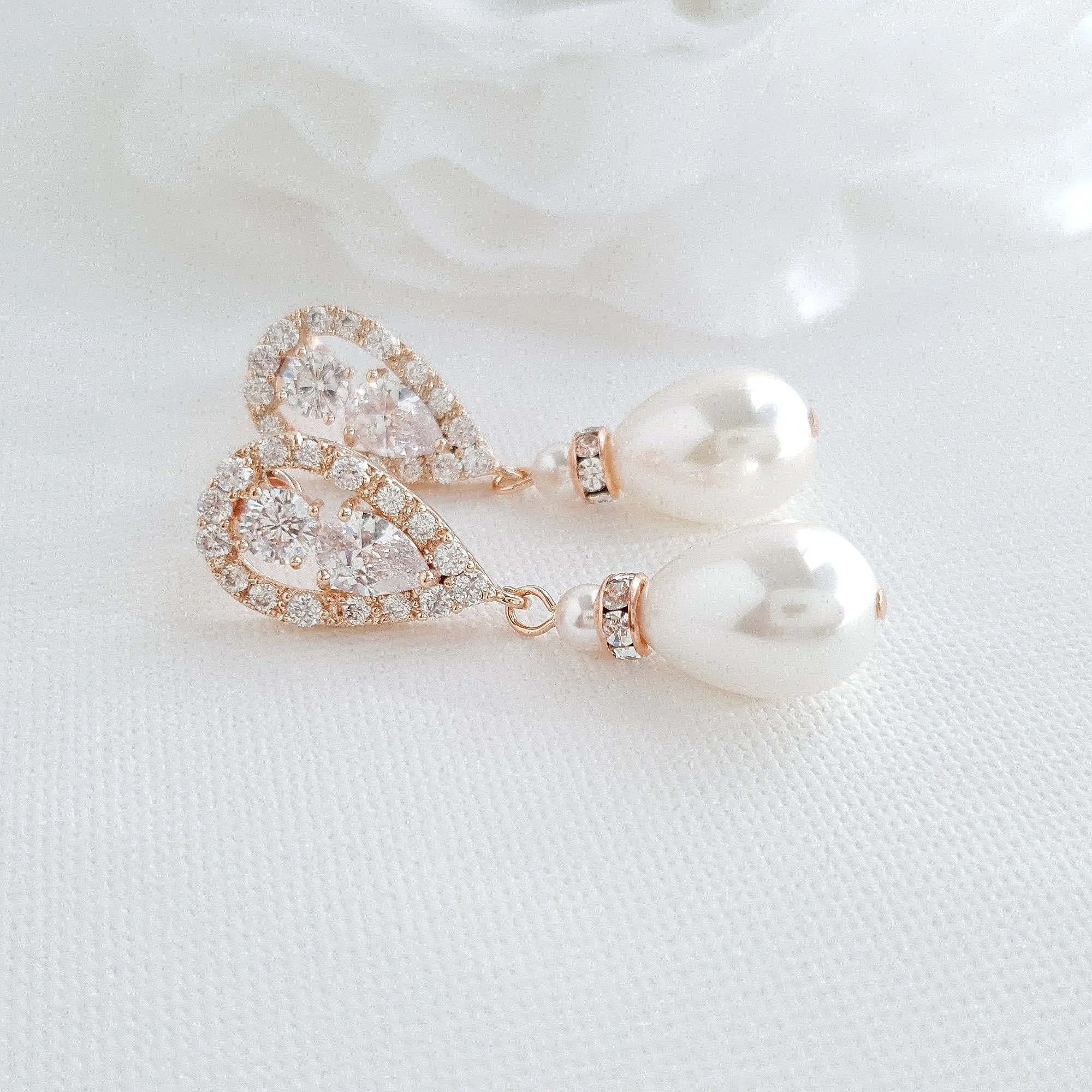 Rose Gold Pearl Drop Earrings-Cera