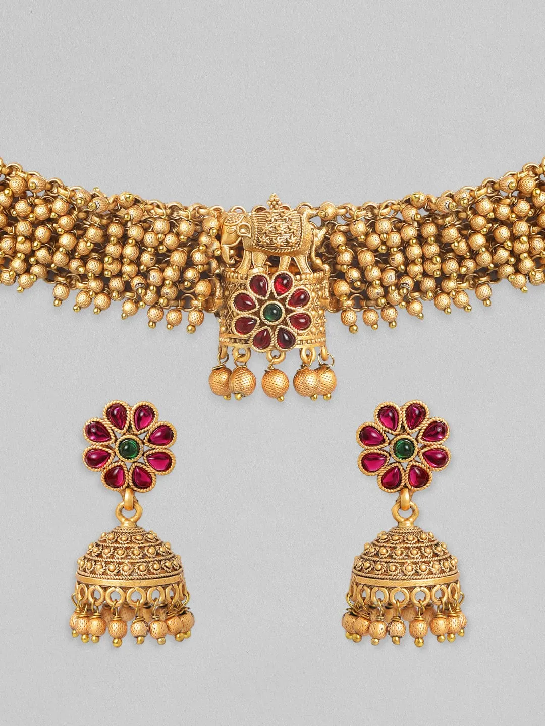 Rubans 24K Gold Plated Handcrafted Ruby Stone & Gold Ghungroo Temple Choker Set