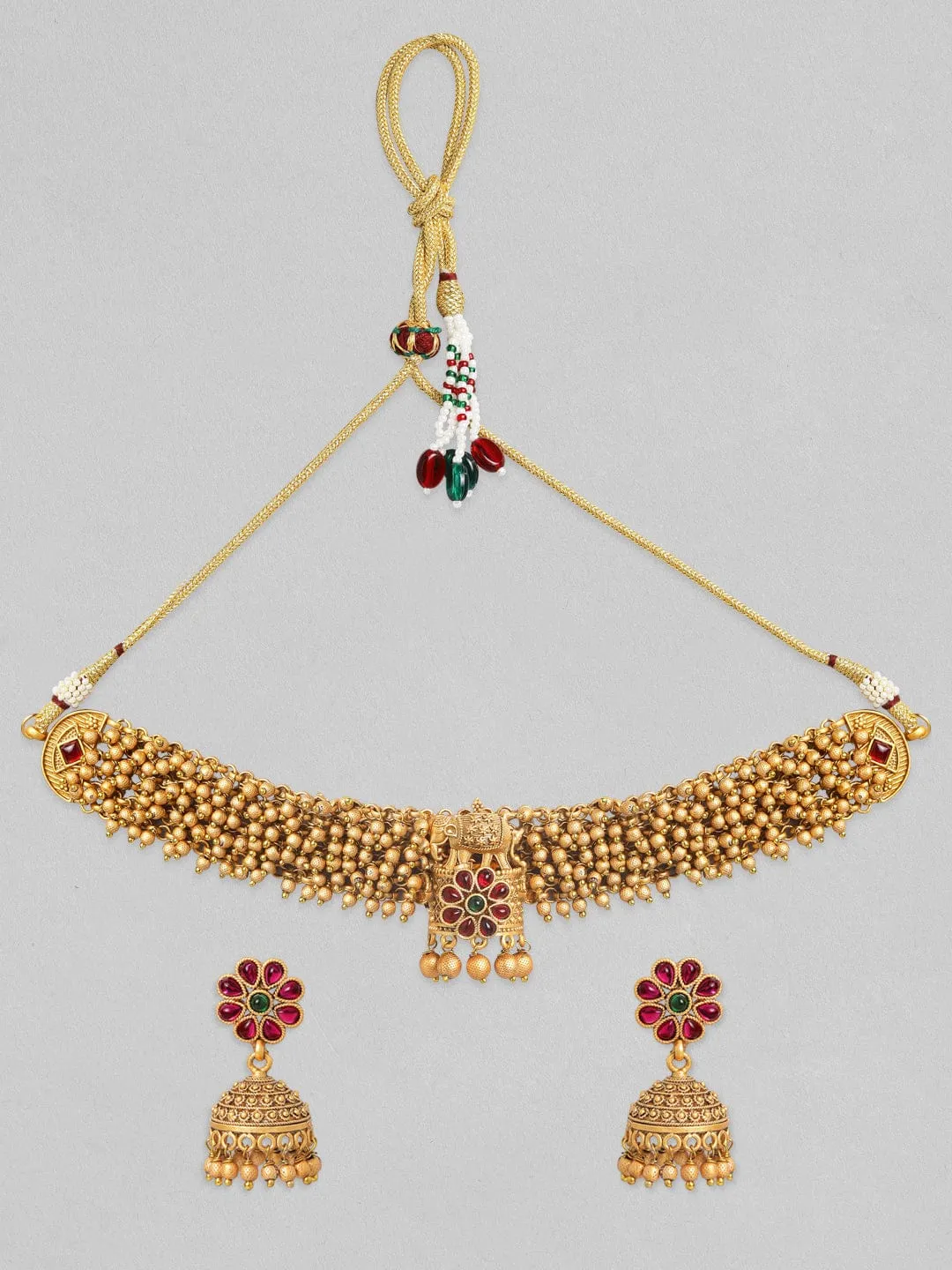 Rubans 24K Gold Plated Handcrafted Ruby Stone & Gold Ghungroo Temple Choker Set