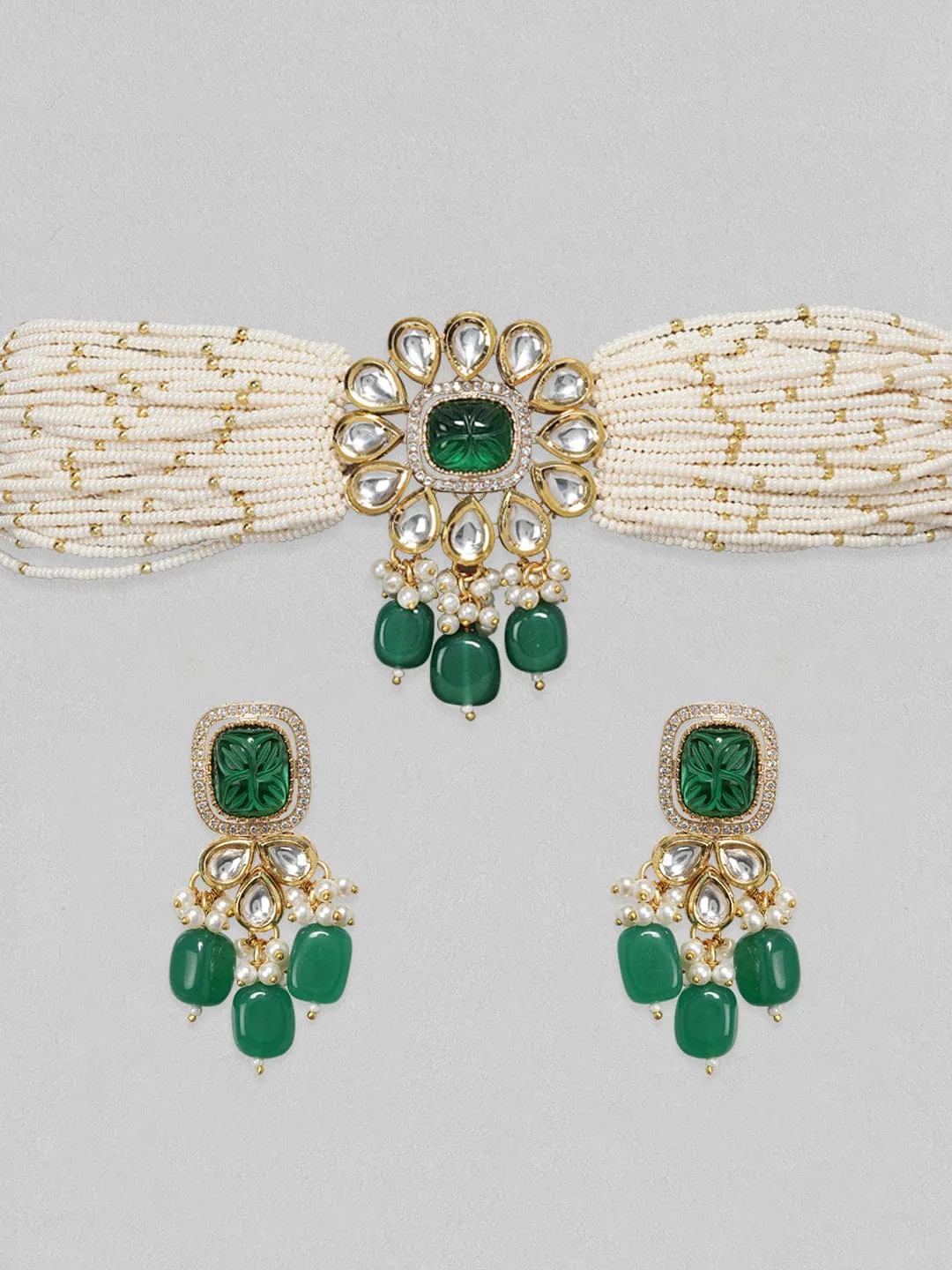 Rubans Gold Plated Kundan Choker Set With Green Stones And White Beads