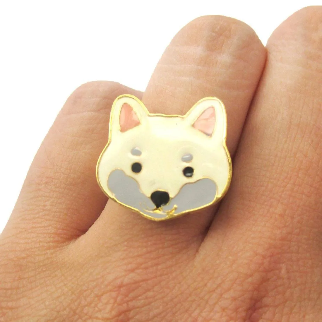 Shiba Inu Puppy Face Shaped Adjustable Animal Ring in White | Limited Edition Jewelry