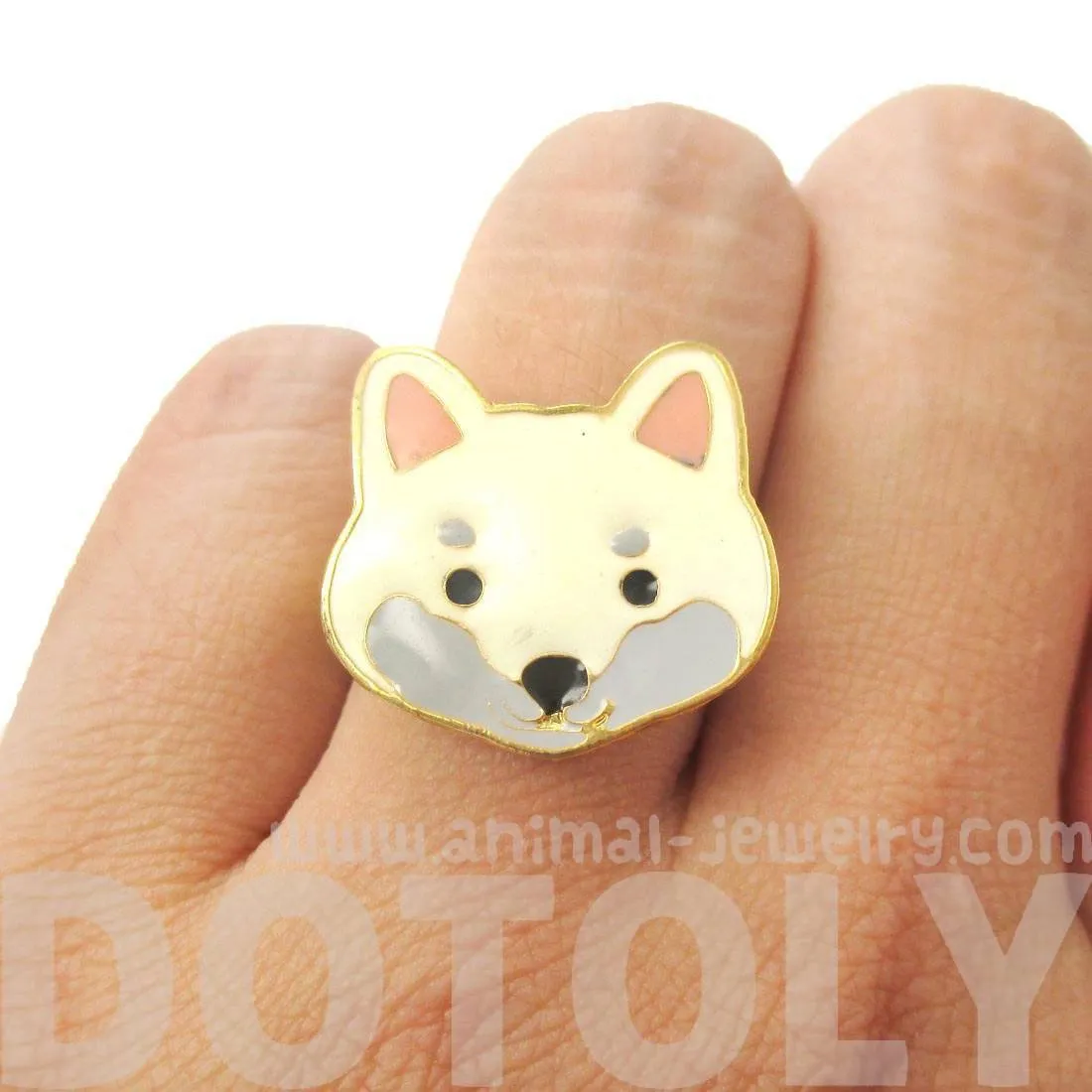 Shiba Inu Puppy Face Shaped Adjustable Animal Ring in White | Limited Edition Jewelry