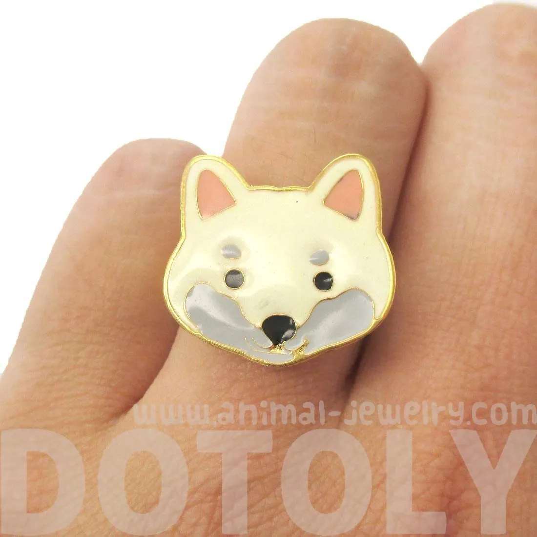 Shiba Inu Puppy Face Shaped Adjustable Animal Ring in White | Limited Edition Jewelry