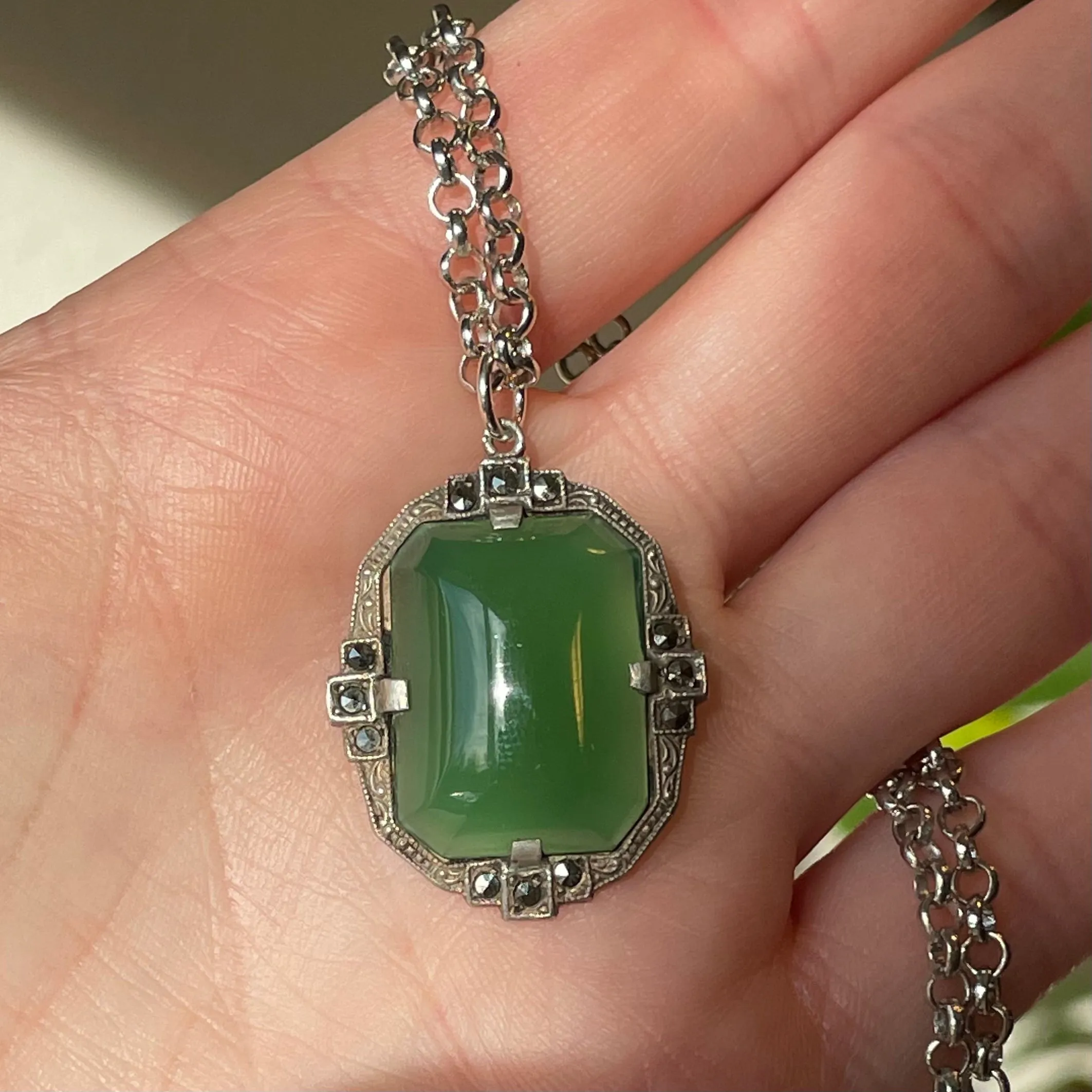 Silver Art Deco Chrysoprase Marcasite Pendant Necklace