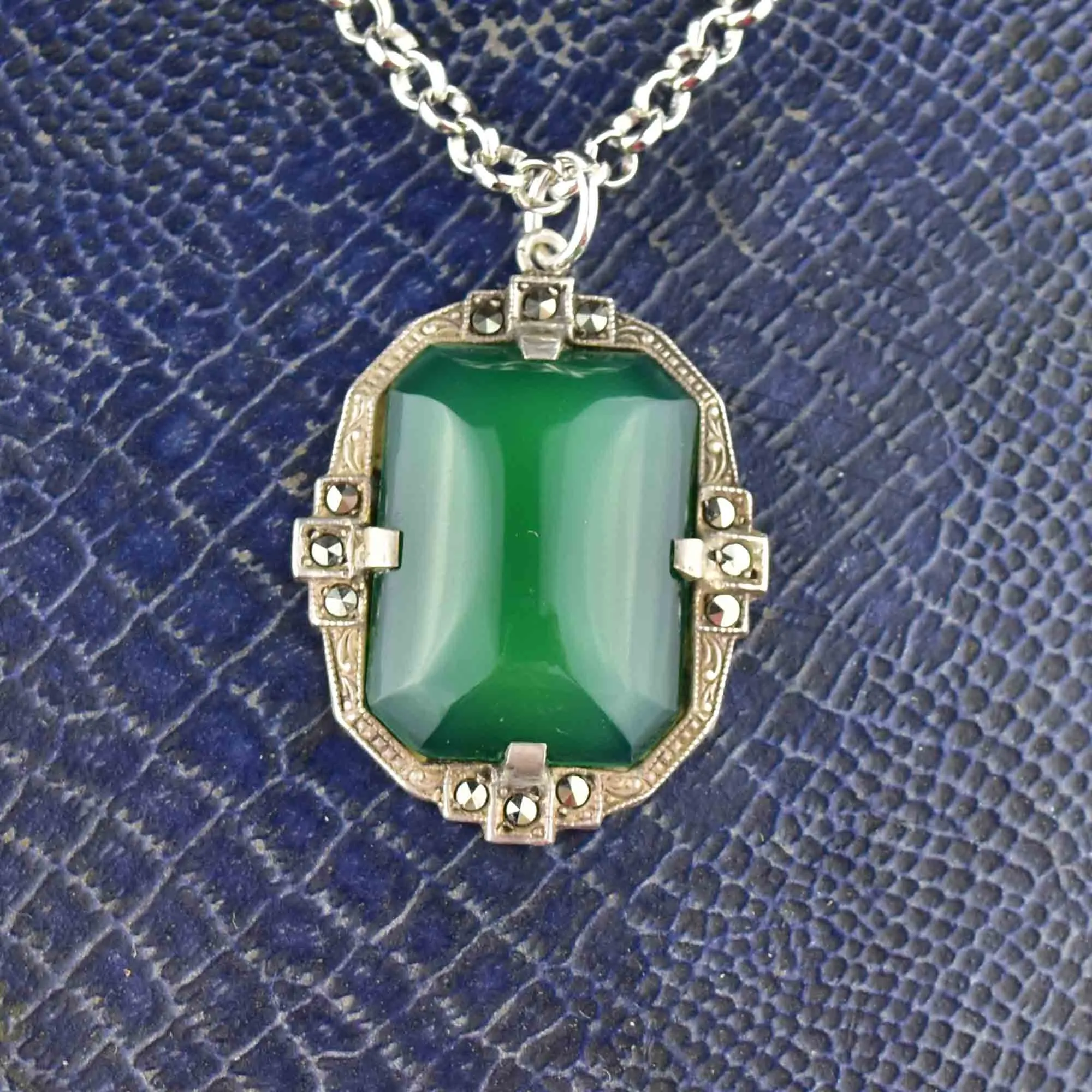 Silver Art Deco Chrysoprase Marcasite Pendant Necklace