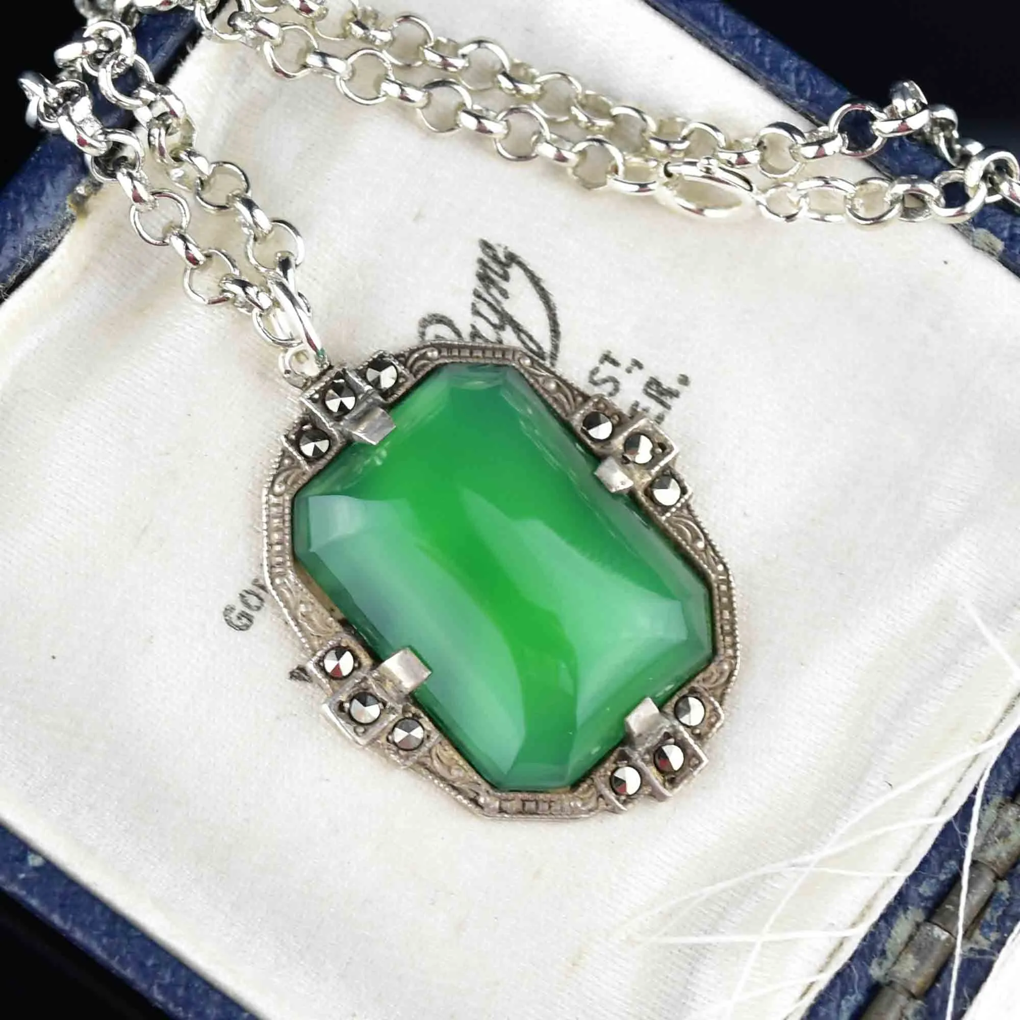 Silver Art Deco Chrysoprase Marcasite Pendant Necklace