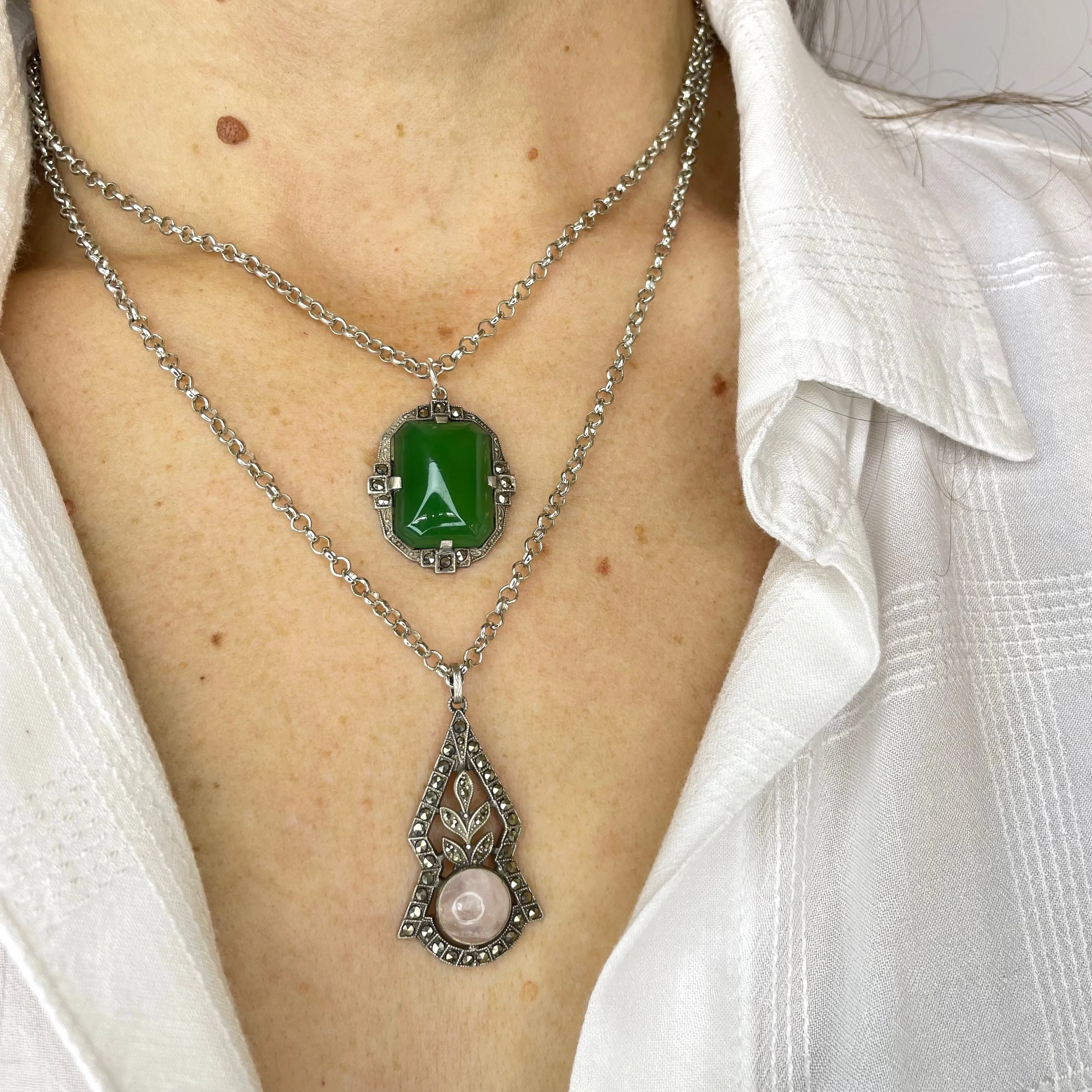 Silver Art Deco Chrysoprase Marcasite Pendant Necklace