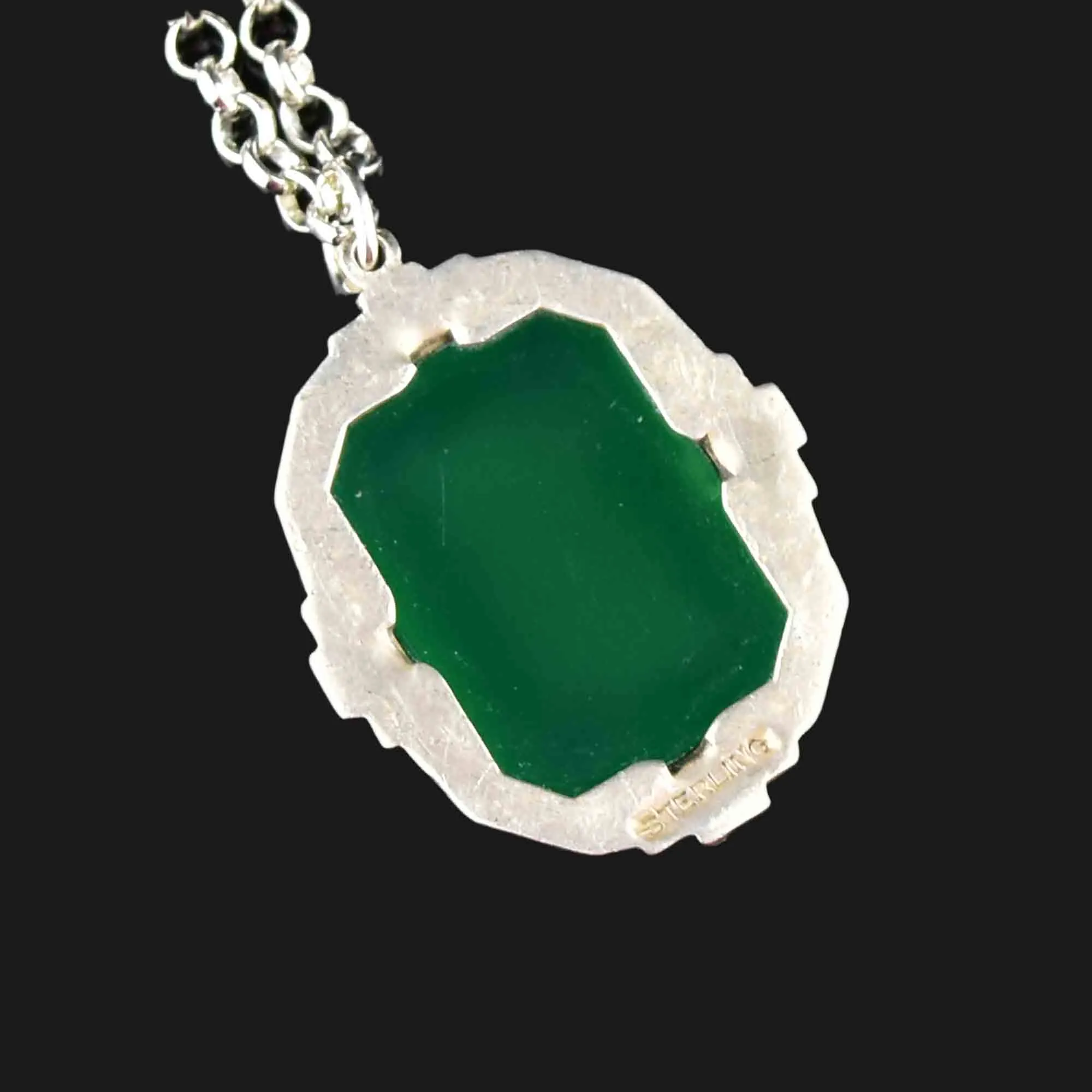 Silver Art Deco Chrysoprase Marcasite Pendant Necklace