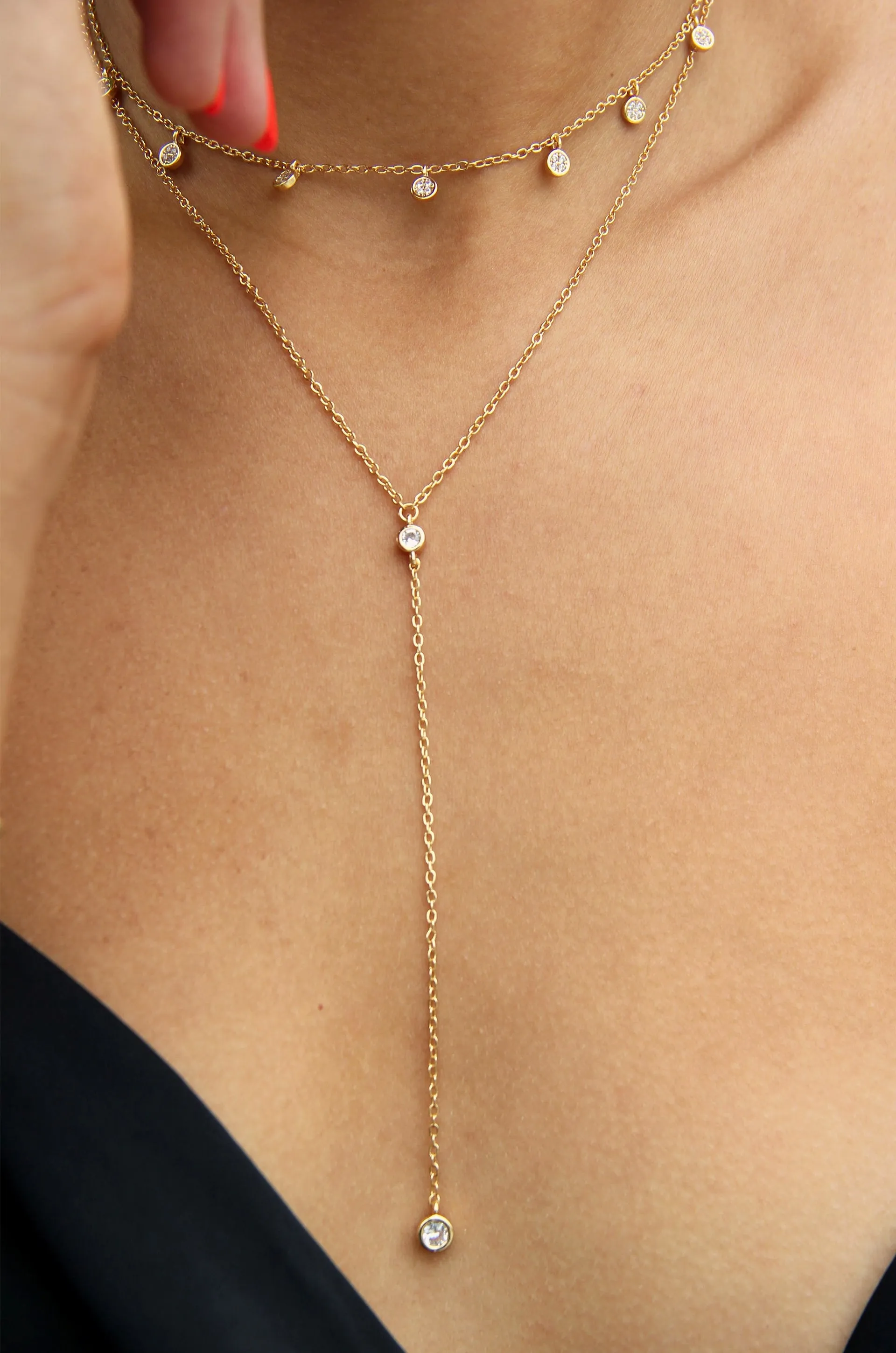 Simplistic Crystal Layered Lariat Necklace Set