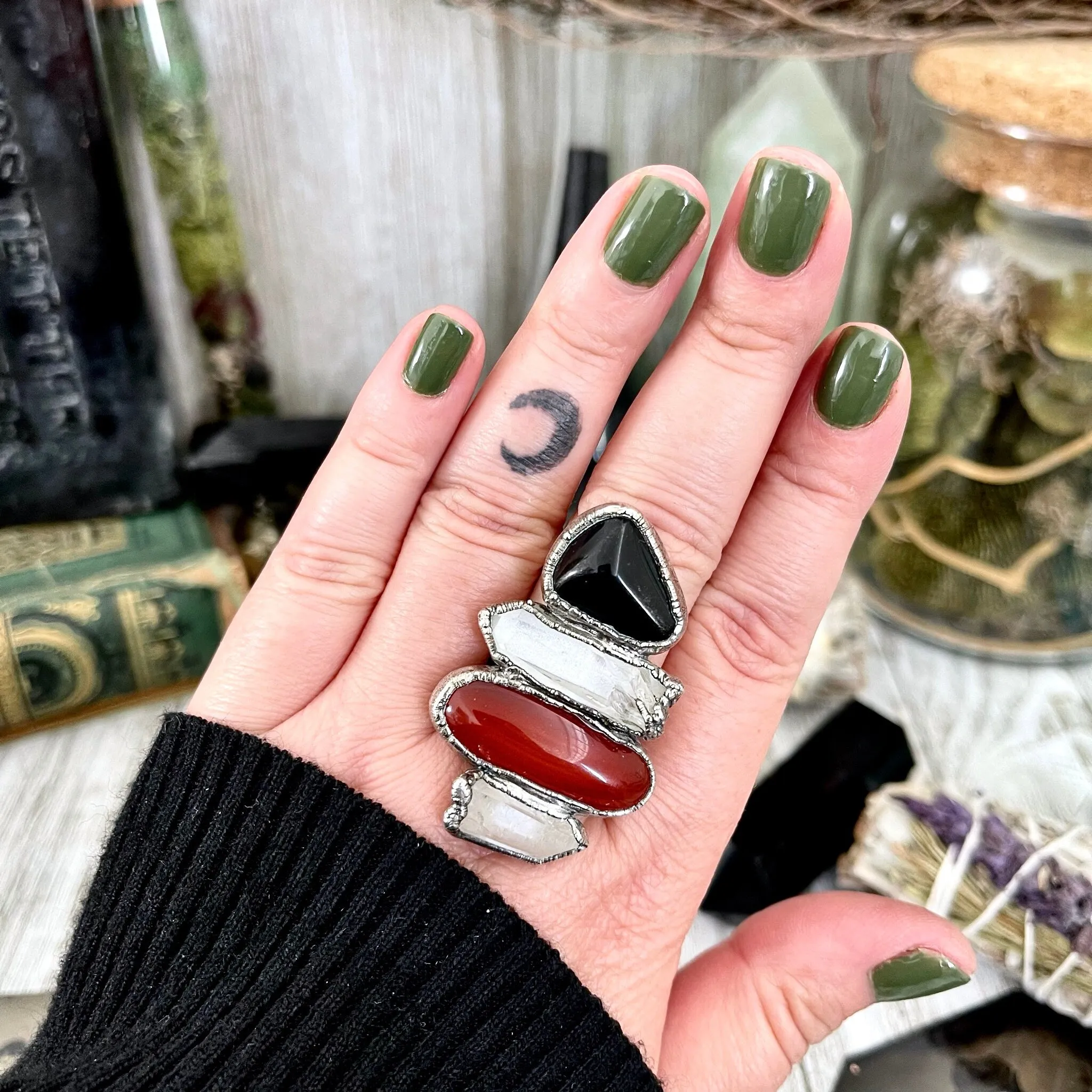 Size 10 Crystal Ring - Four Stone Black Onyx Red Carnelian Clear Quartz Ring In Silver  / Foxlark - One of a Kind /