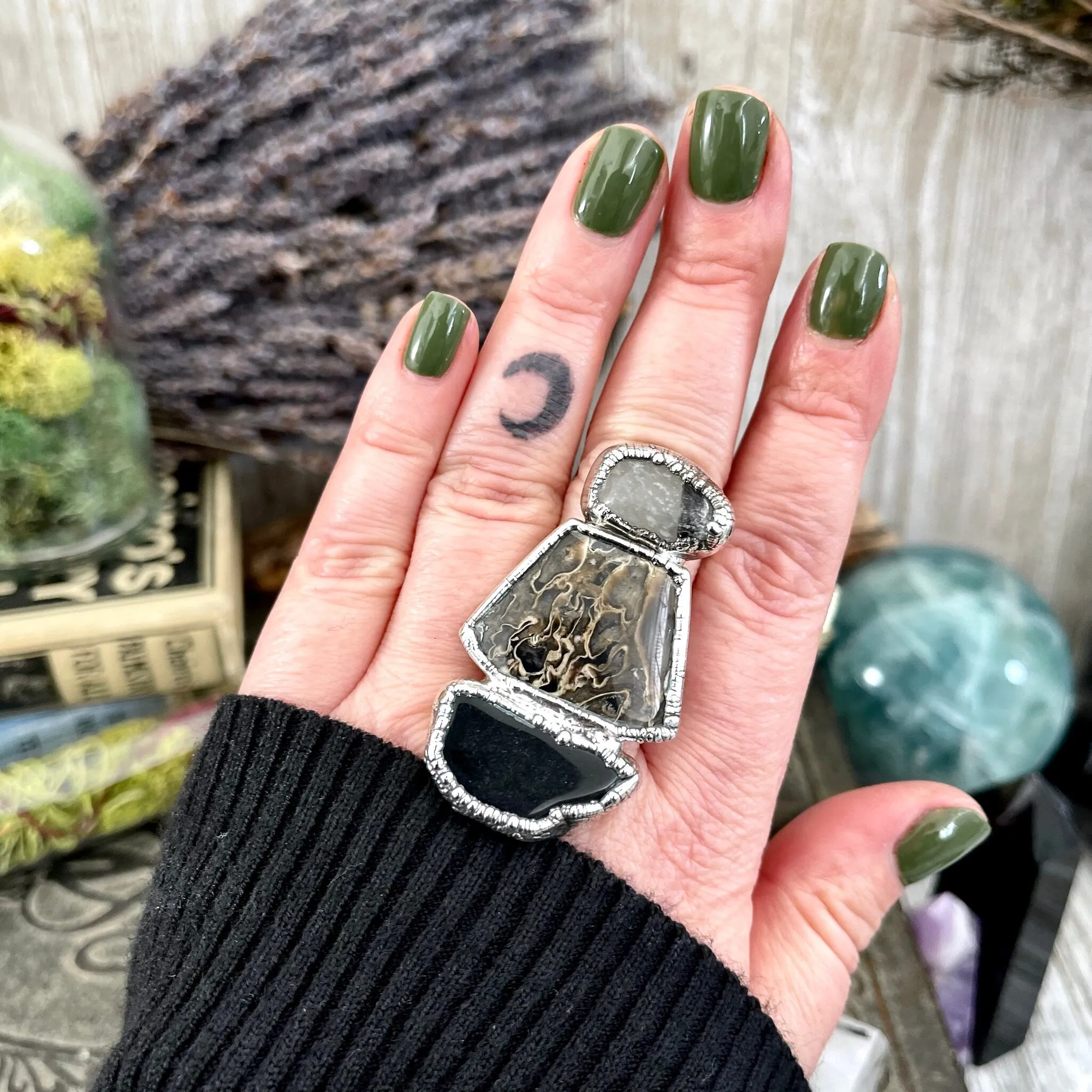 Size 10.5 Three Stone Ring- Palm Root Black Onyx Tourmaline Quartz Crystal Ring Fine Silver / Foxlark Collection - One of a Kind