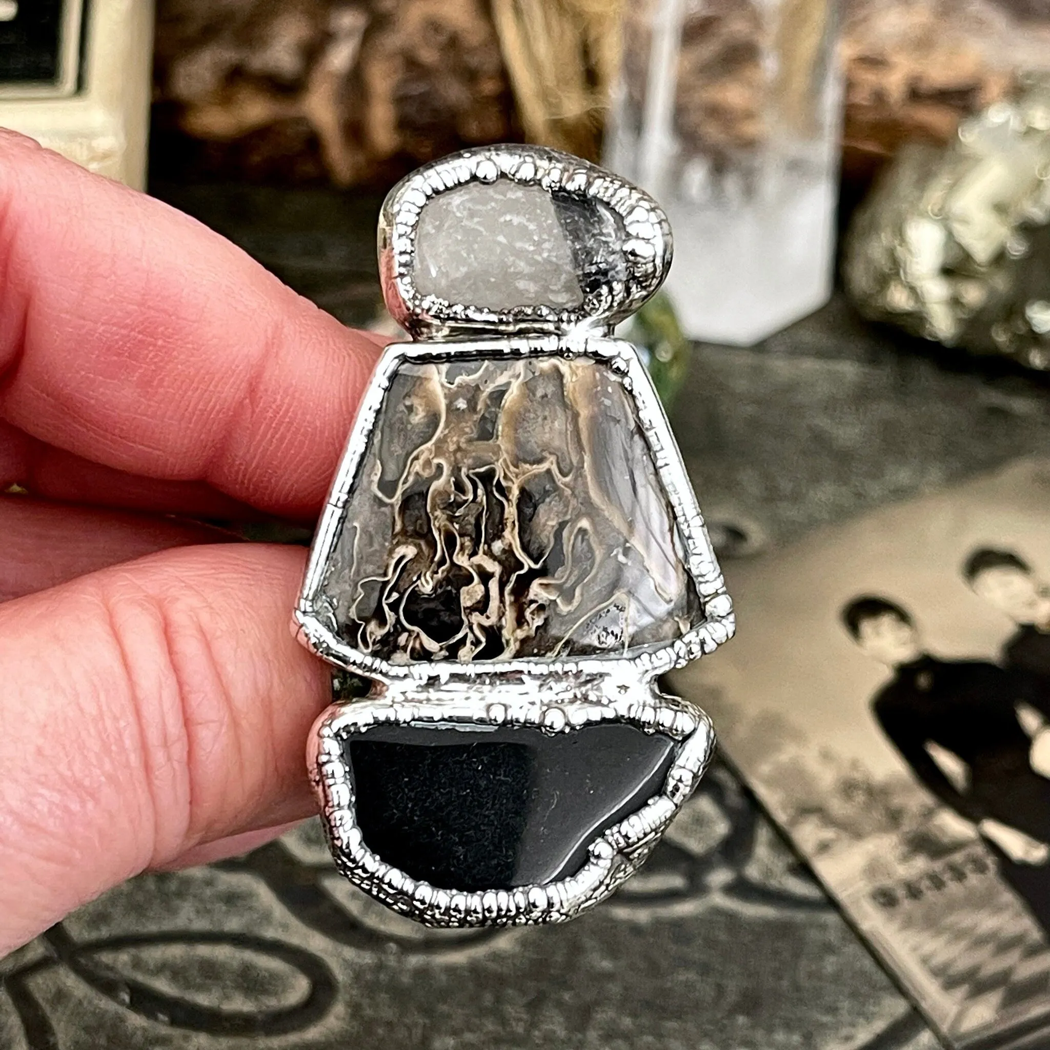 Size 10.5 Three Stone Ring- Palm Root Black Onyx Tourmaline Quartz Crystal Ring Fine Silver / Foxlark Collection - One of a Kind