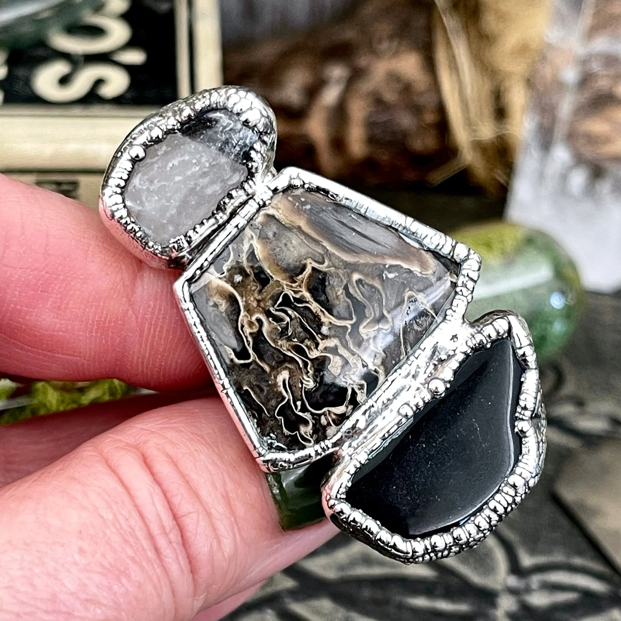 Size 10.5 Three Stone Ring- Palm Root Black Onyx Tourmaline Quartz Crystal Ring Fine Silver / Foxlark Collection - One of a Kind