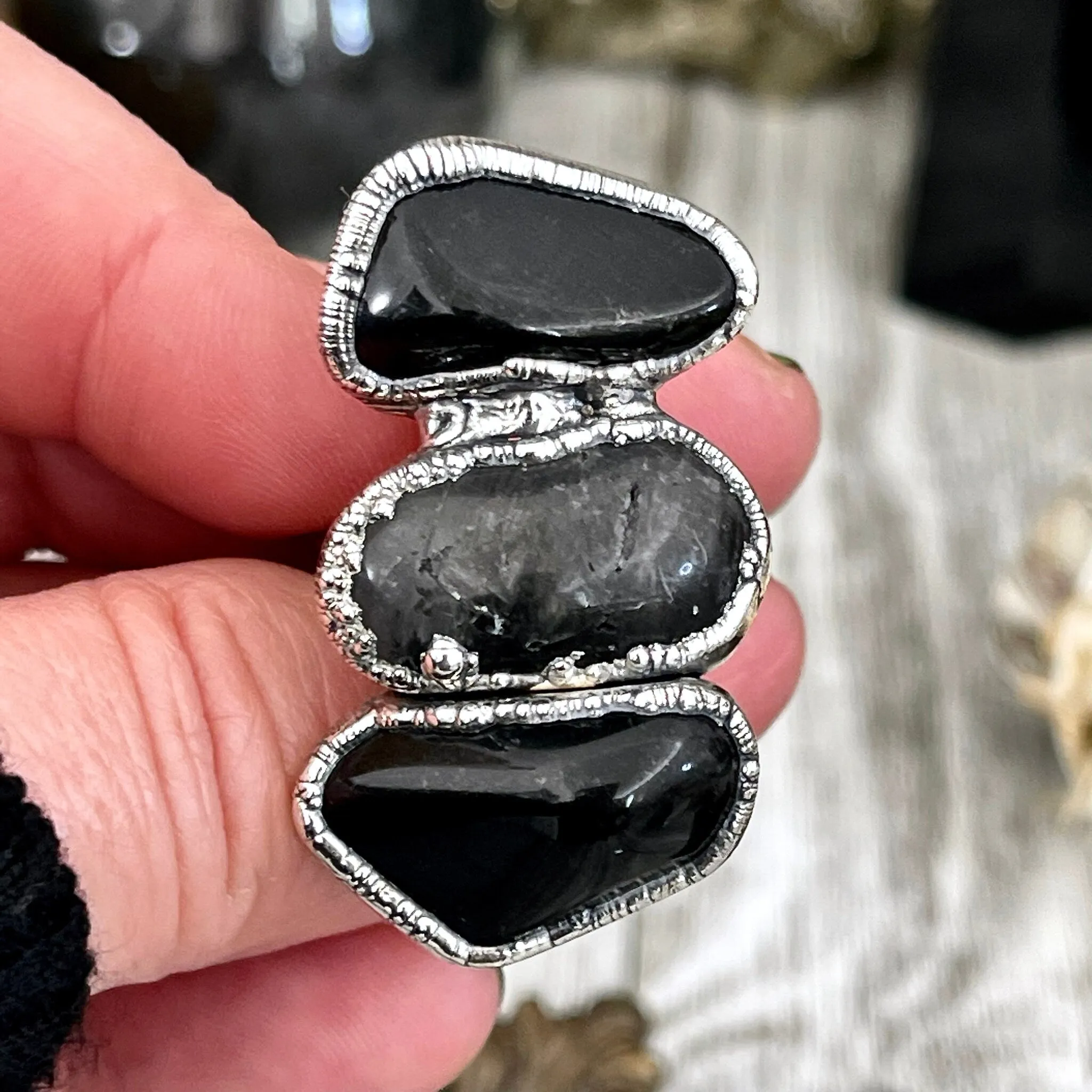 Size 7.5 Crystal Ring - Three Stone Ring Black Onyx Tourmaline Quartz Silver Ring / Foxlark Collection - One of a Kind