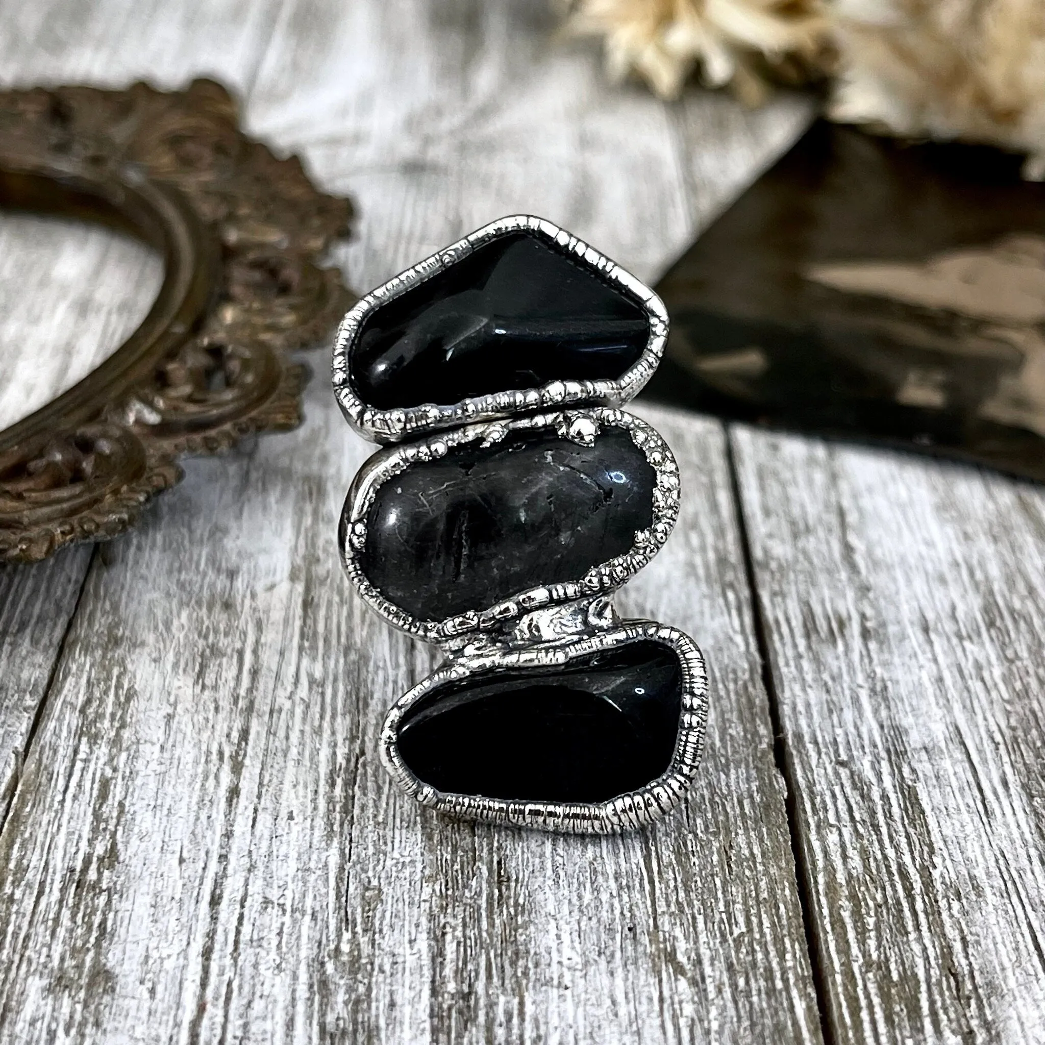 Size 7.5 Crystal Ring - Three Stone Ring Black Onyx Tourmaline Quartz Silver Ring / Foxlark Collection - One of a Kind