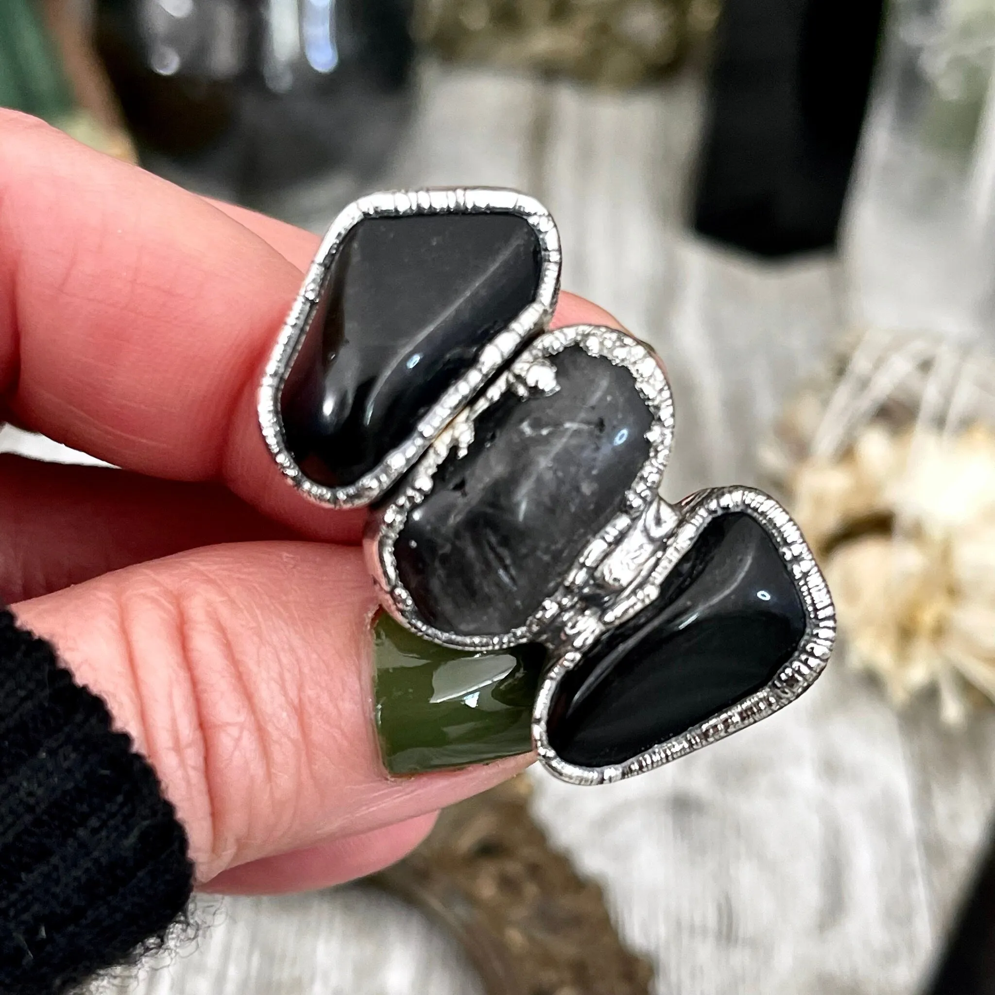 Size 7.5 Crystal Ring - Three Stone Ring Black Onyx Tourmaline Quartz Silver Ring / Foxlark Collection - One of a Kind