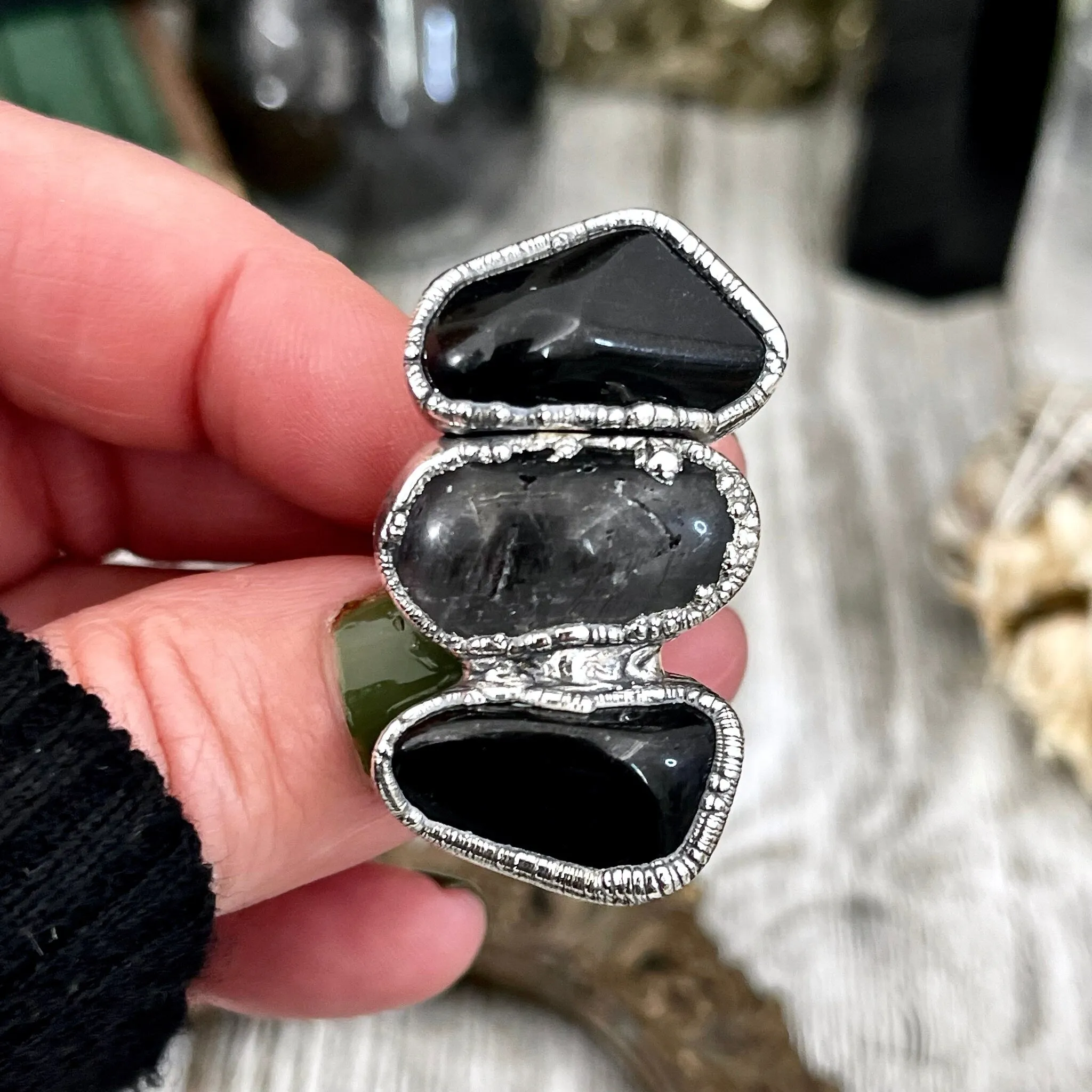 Size 7.5 Crystal Ring - Three Stone Ring Black Onyx Tourmaline Quartz Silver Ring / Foxlark Collection - One of a Kind