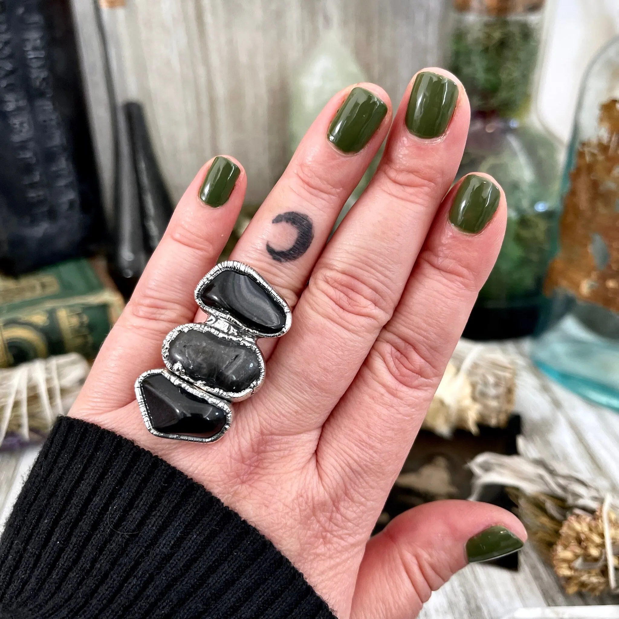 Size 7.5 Crystal Ring - Three Stone Ring Black Onyx Tourmaline Quartz Silver Ring / Foxlark Collection - One of a Kind