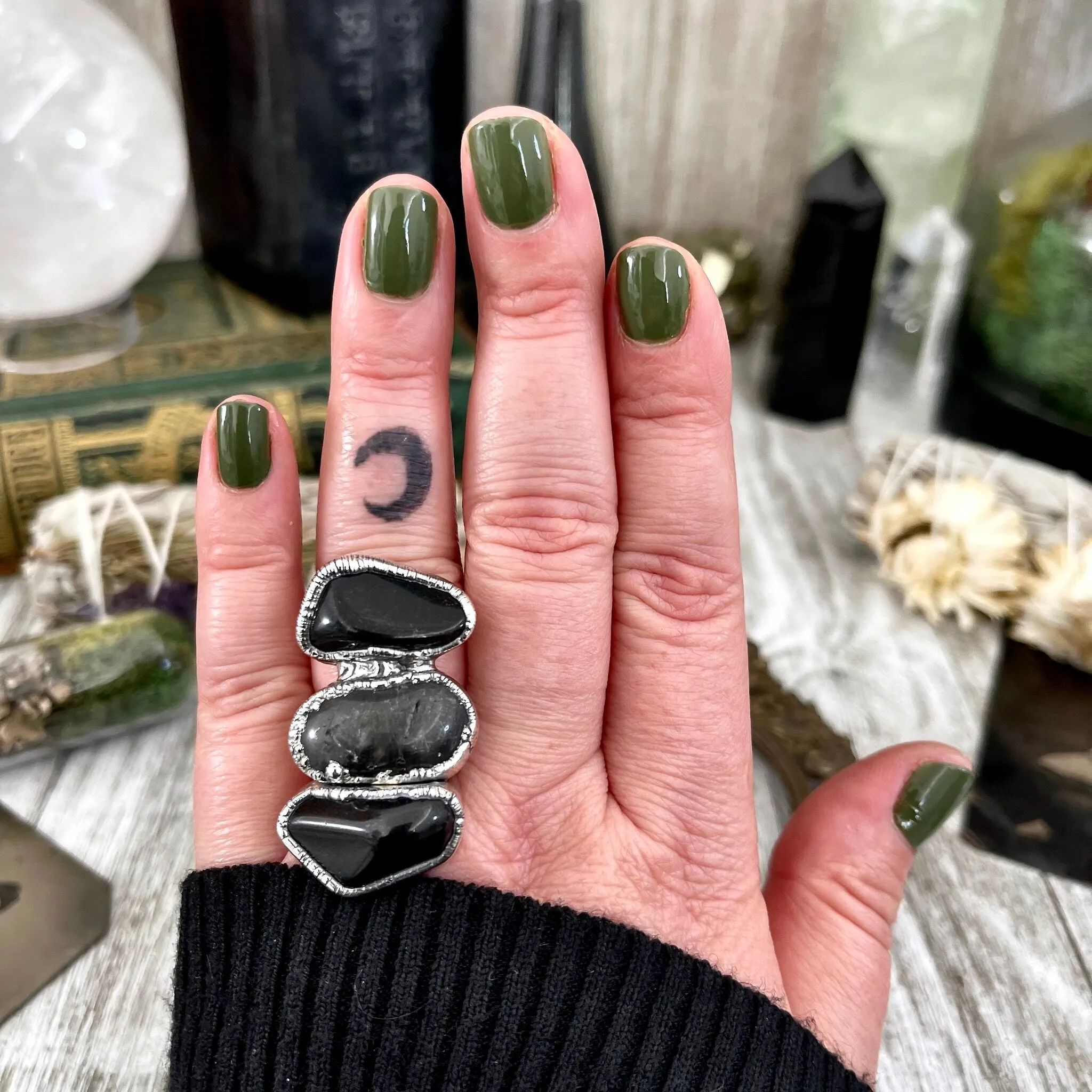 Size 7.5 Crystal Ring - Three Stone Ring Black Onyx Tourmaline Quartz Silver Ring / Foxlark Collection - One of a Kind