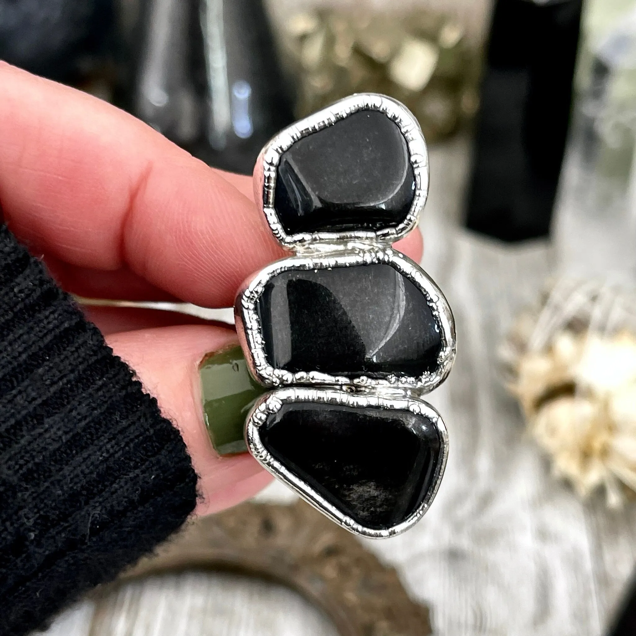 Size 8 Crystal Ring - Three Stone Ring Black Onyx Ring in Silver / Foxlark Collection - One of a Kind