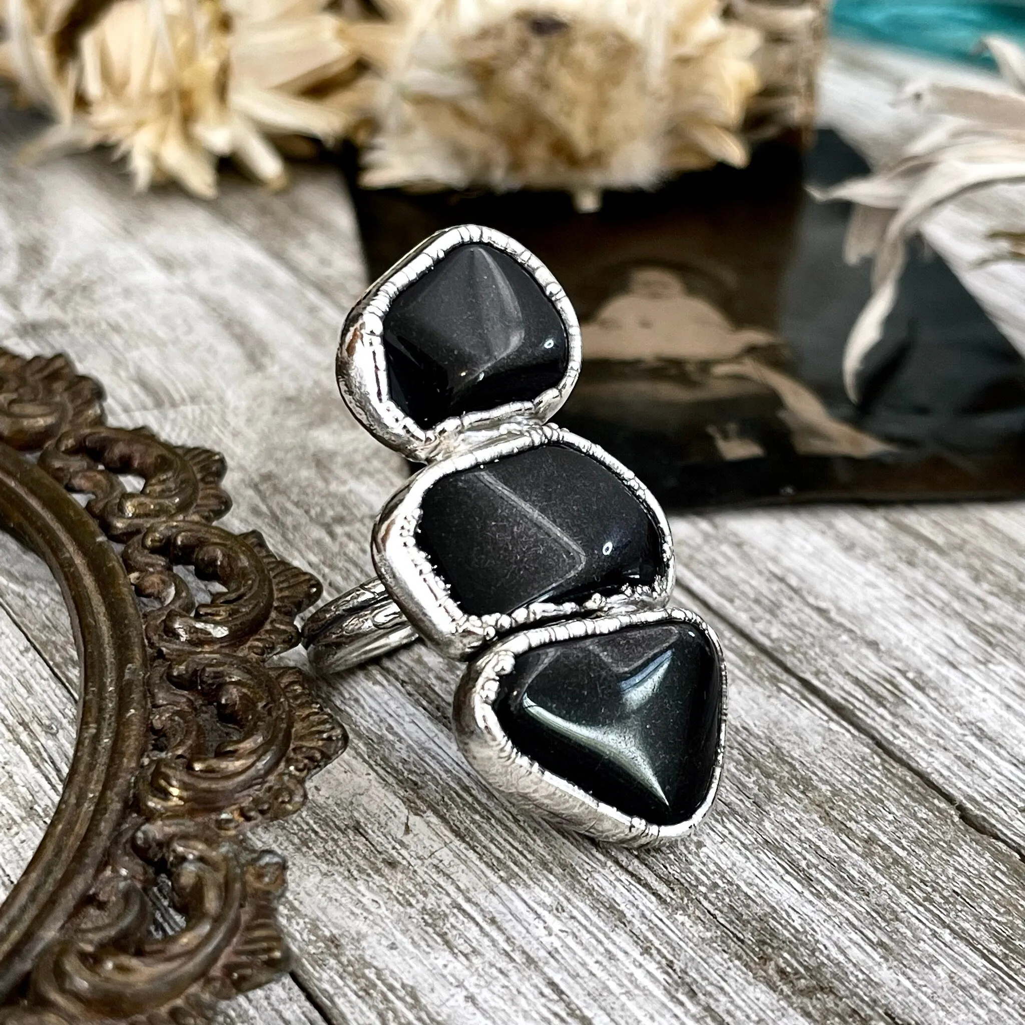 Size 8 Crystal Ring - Three Stone Ring Black Onyx Ring in Silver / Foxlark Collection - One of a Kind