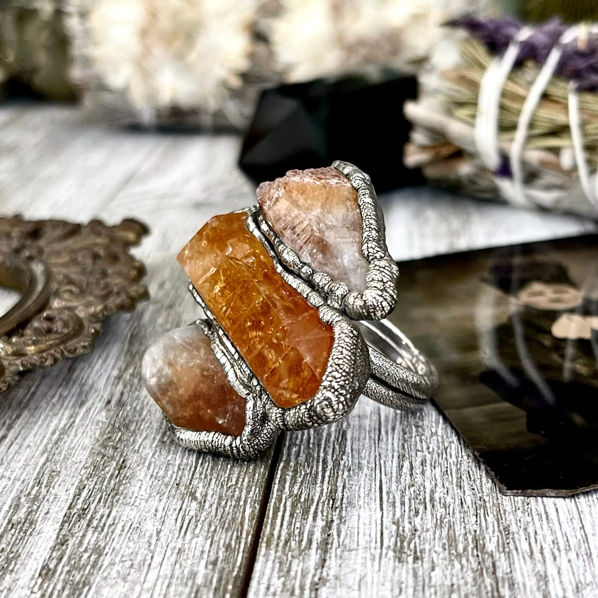 Size 8.5 Crystal Ring - Three Stone Citrine Ring in Sliver / Foxlark Collection - One of a Kind