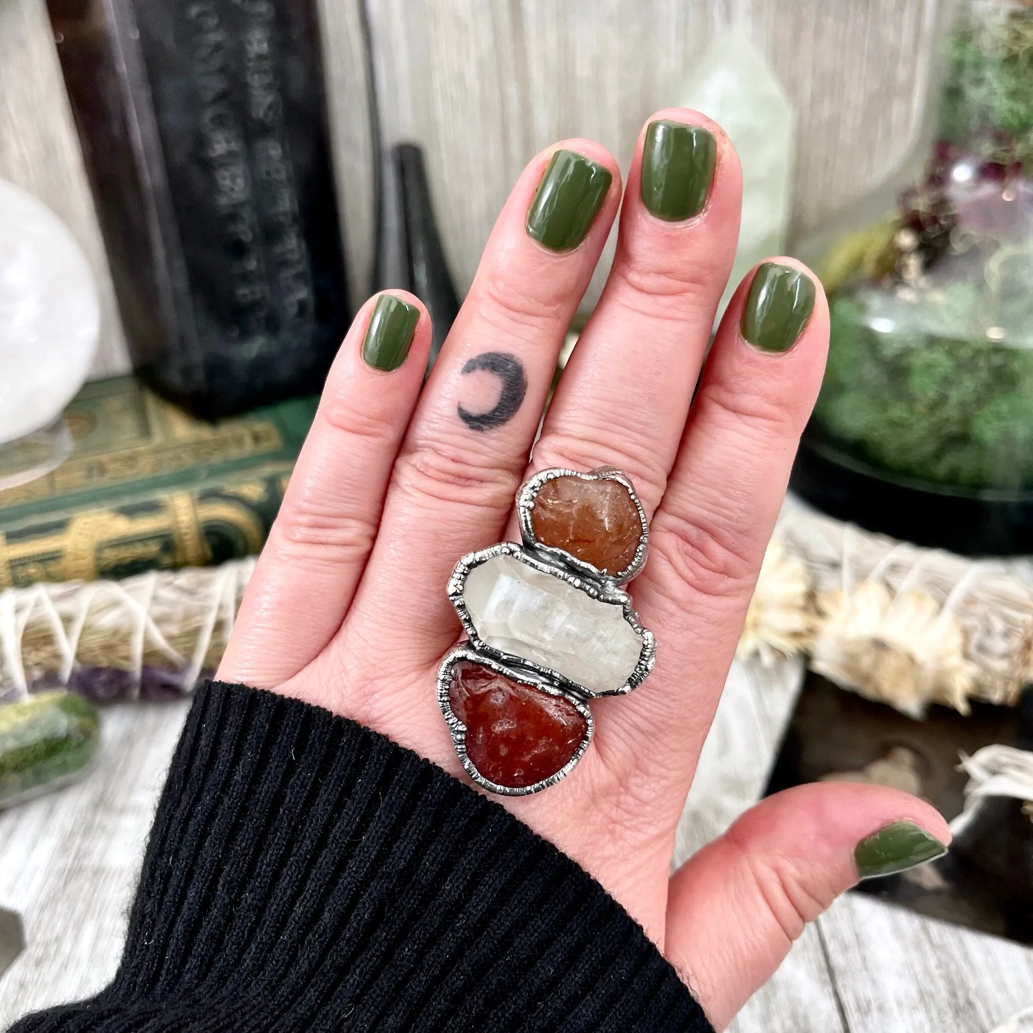 Size 8.5 Crystal Ring - Three Stone Ring Red Carnelian Clear Quartz Silver Ring / Foxlark Collection - One of a Kind