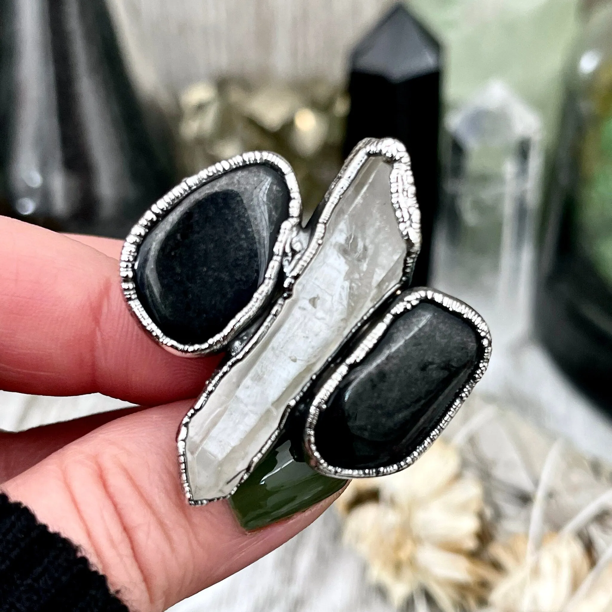 Size 9 Crystal Ring - Three Stone Ring Black Onyx Clear Raw Quartz Ring in Silver / Foxlark Collection - One of a Kind