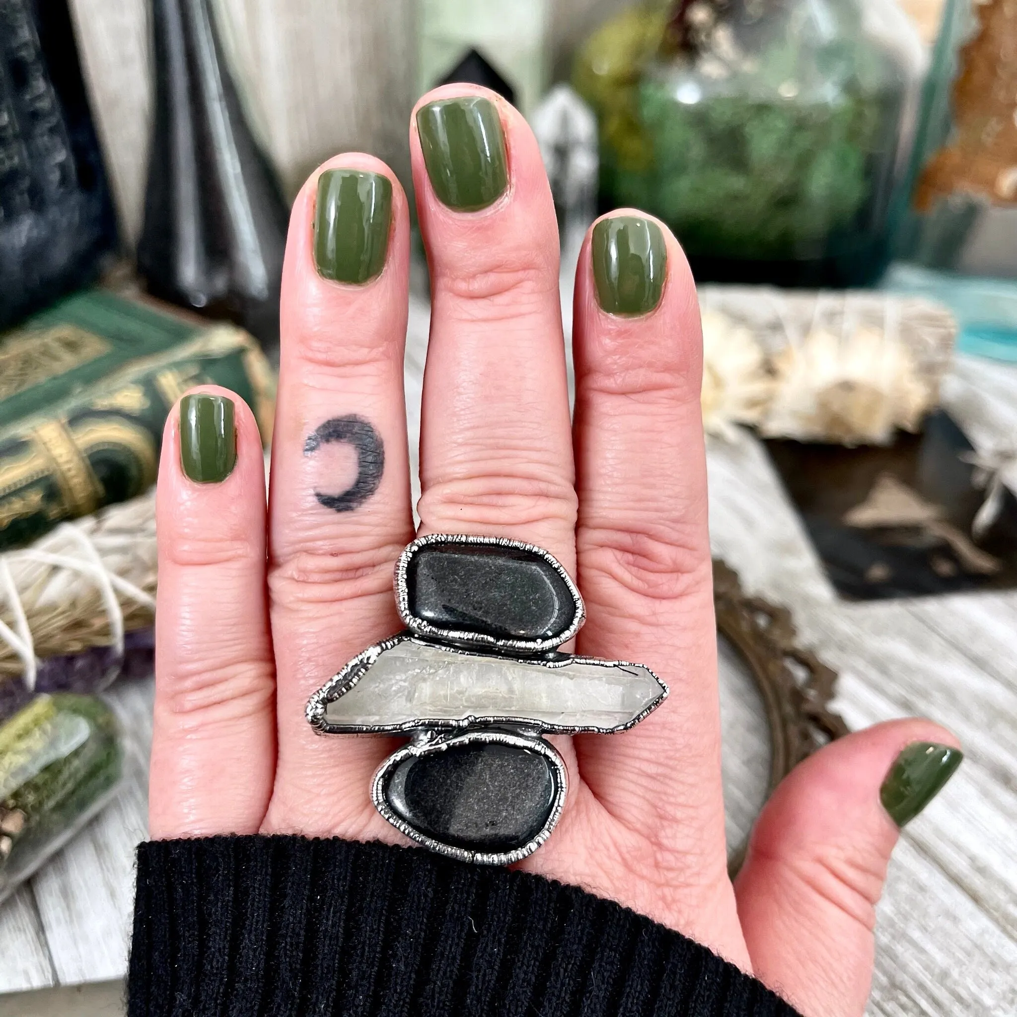 Size 9 Crystal Ring - Three Stone Ring Black Onyx Clear Raw Quartz Ring in Silver / Foxlark Collection - One of a Kind