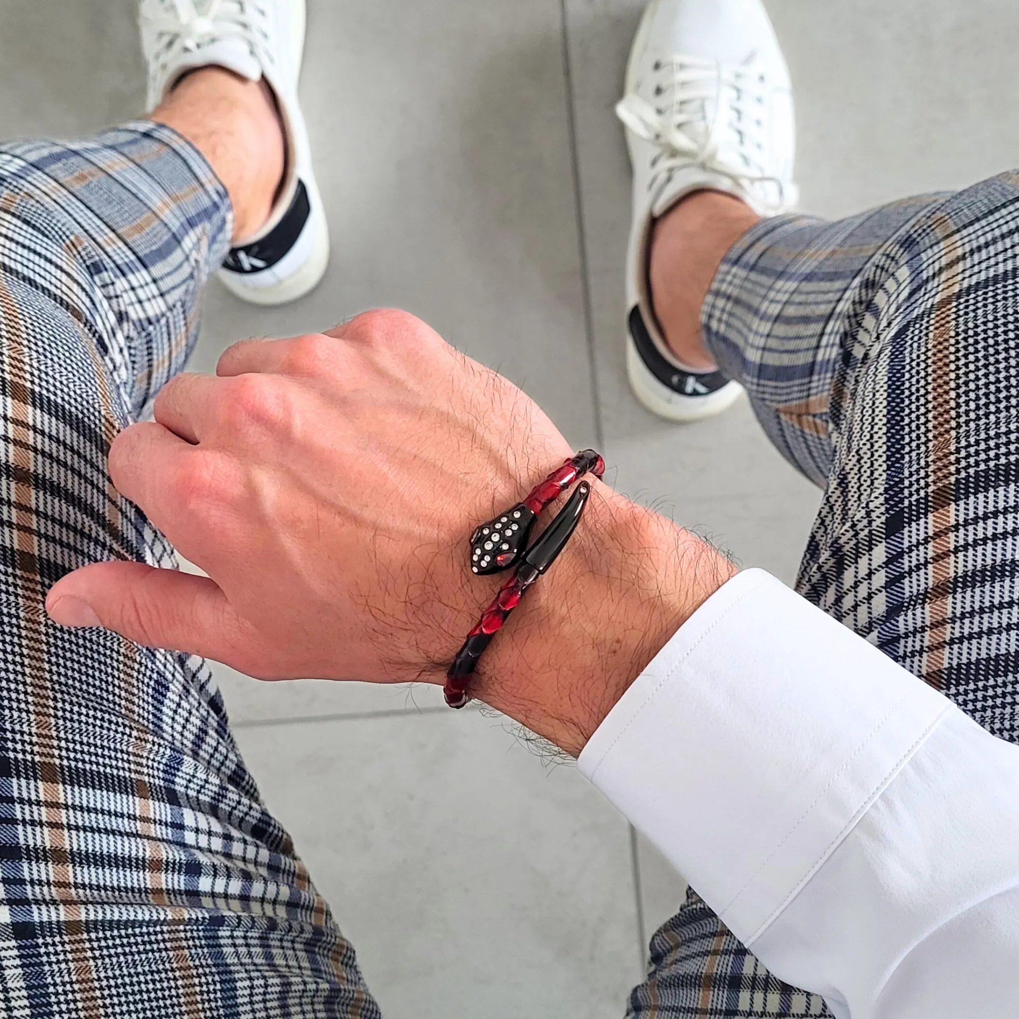 Snake Head Bracelet - Red Leather with Zircon Diamond