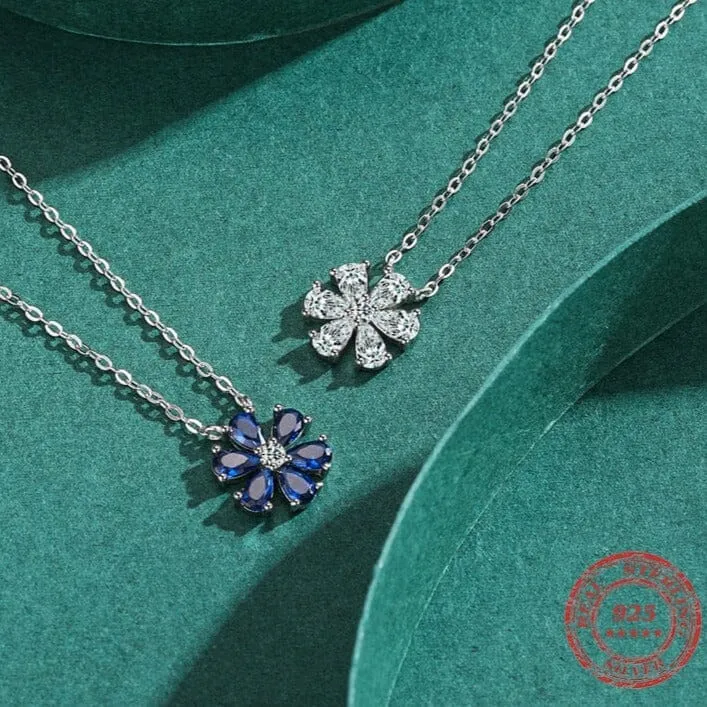 Sparkling Lucky Flower Sapphire Pendant Necklace - 925 Sterling Silver