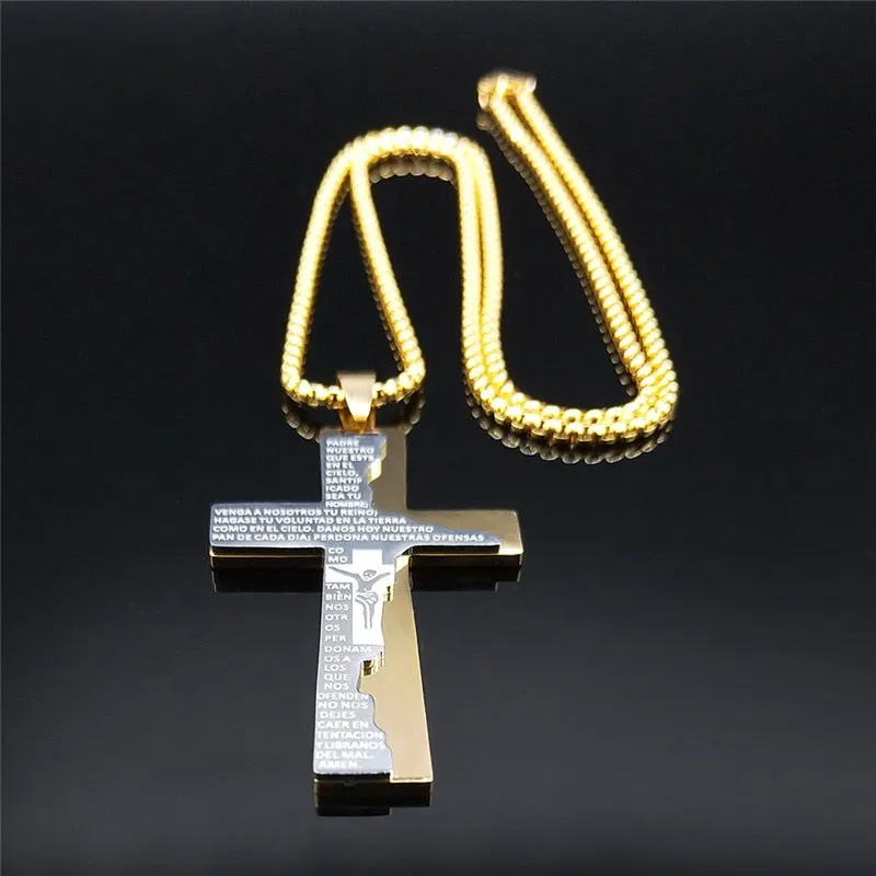 Stainless Steel Cross Jesus SPANISH Lord's Prayer Necklace