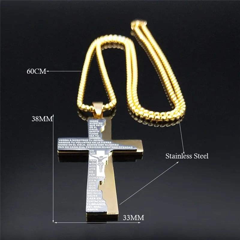 Stainless Steel Cross Jesus SPANISH Lord's Prayer Necklace