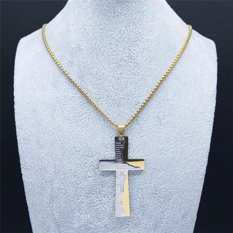 Stainless Steel Cross Jesus SPANISH Lord's Prayer Necklace