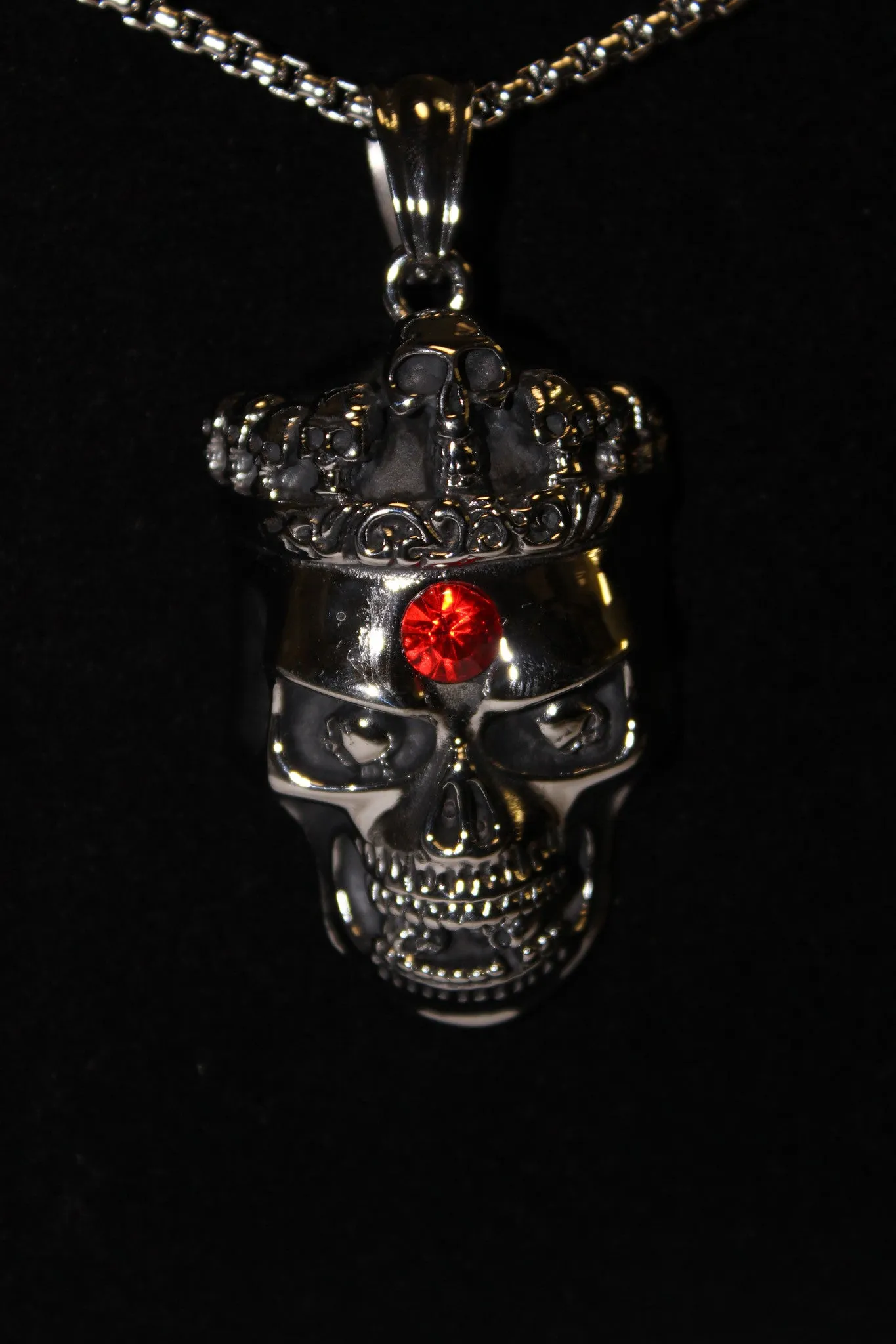 Stainless Steel Large Skull Crown with Red Stone Pendant- UDINC0472