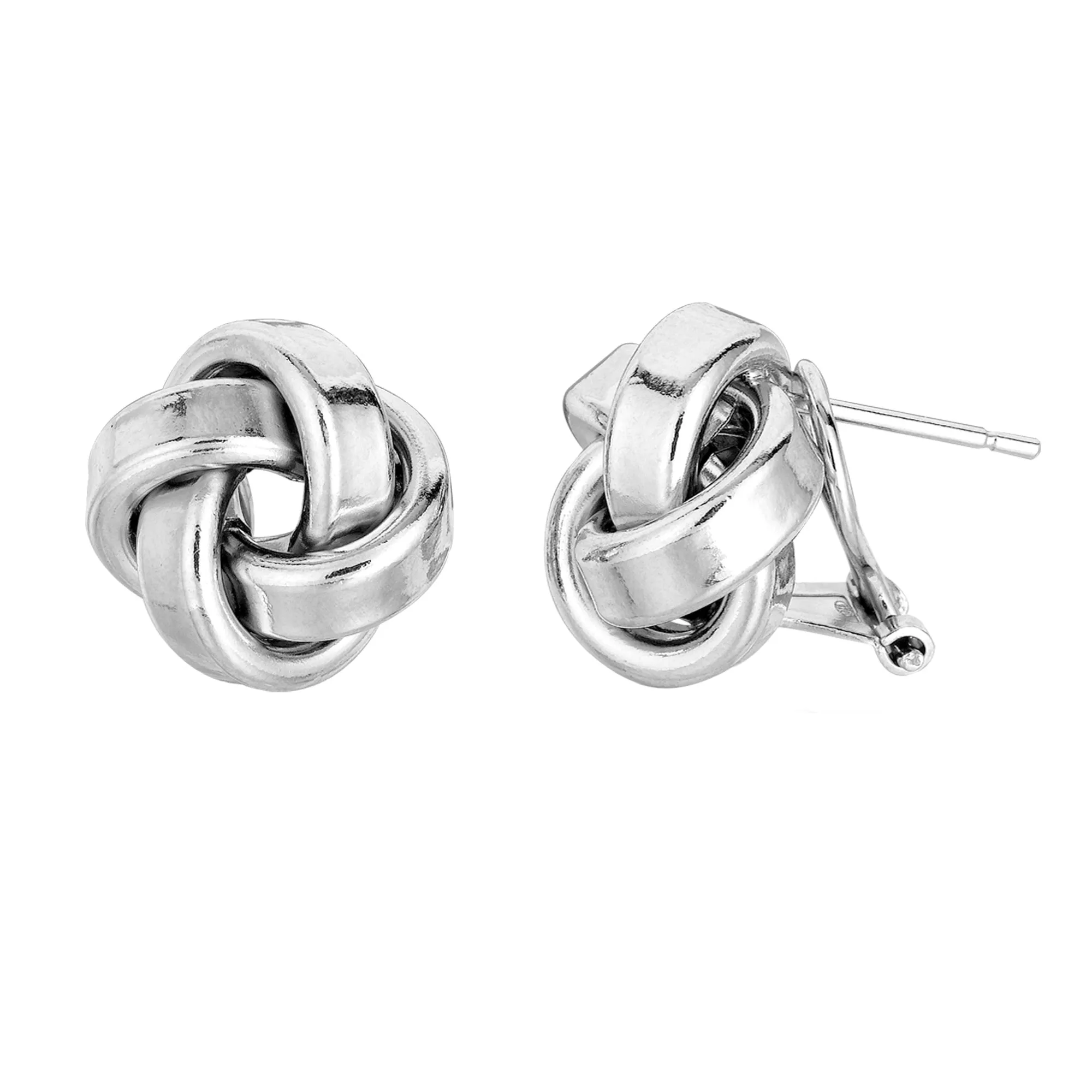 Sterling Silver Rhodium Finish 13mm Shiny Love Knot Omega Back Earrings