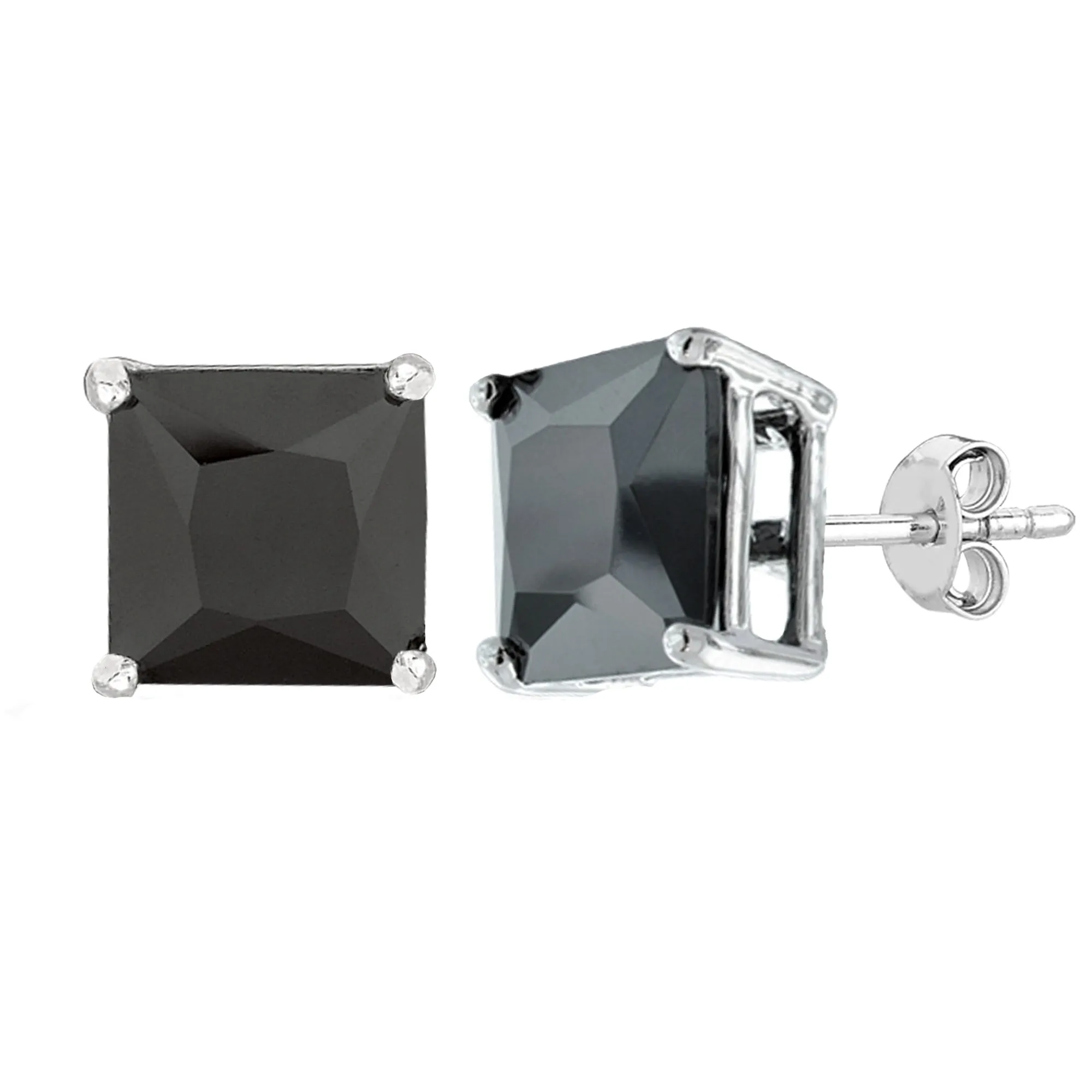 Sterling Silver Rhodium Finish Princess Cut Black Cubic Zirconia Stud Earring