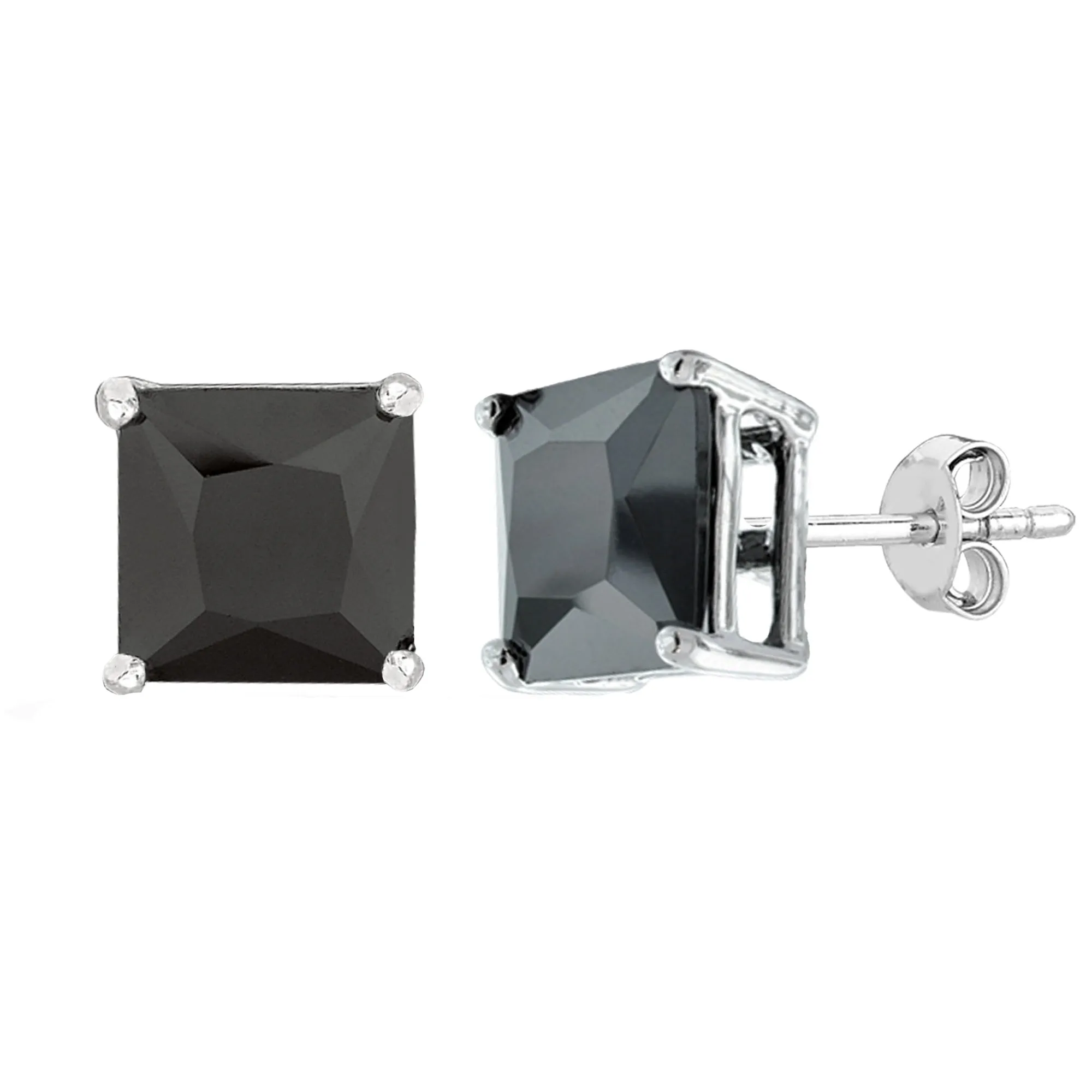 Sterling Silver Rhodium Finish Princess Cut Black Cubic Zirconia Stud Earring