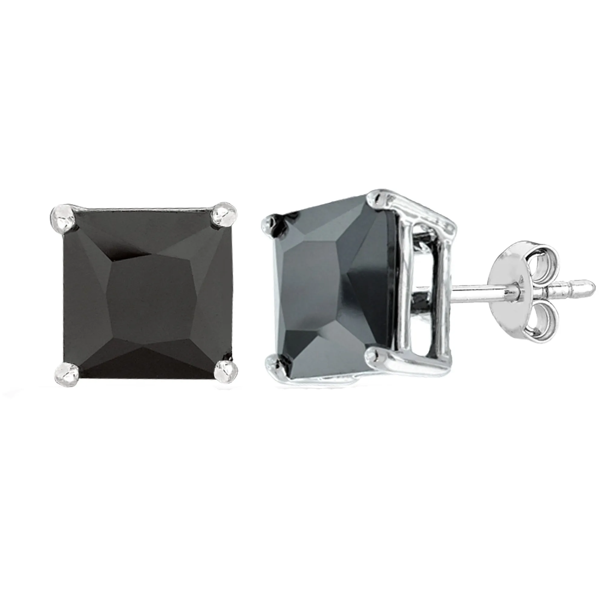 Sterling Silver Rhodium Finish Princess Cut Black Cubic Zirconia Stud Earring