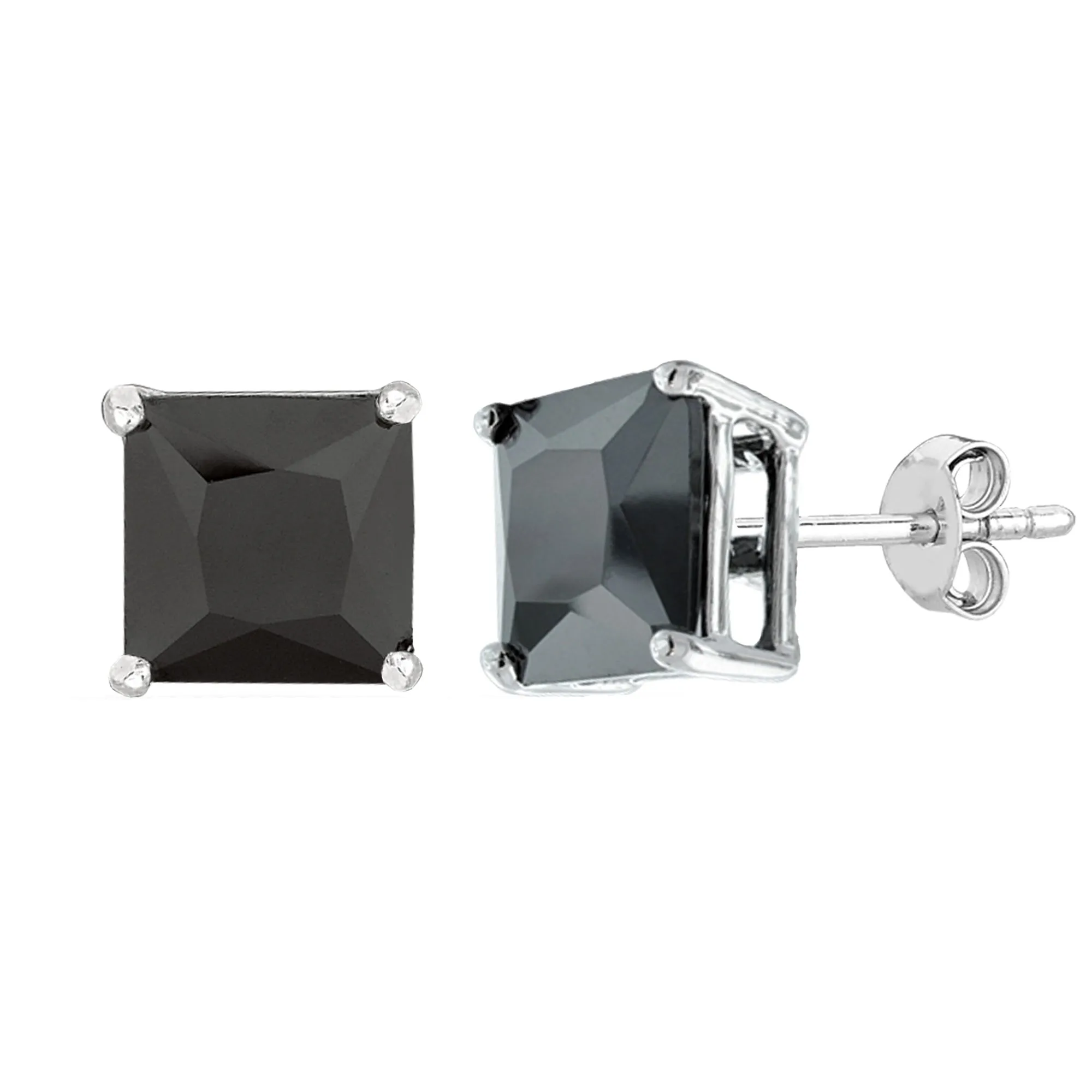 Sterling Silver Rhodium Finish Princess Cut Black Cubic Zirconia Stud Earring