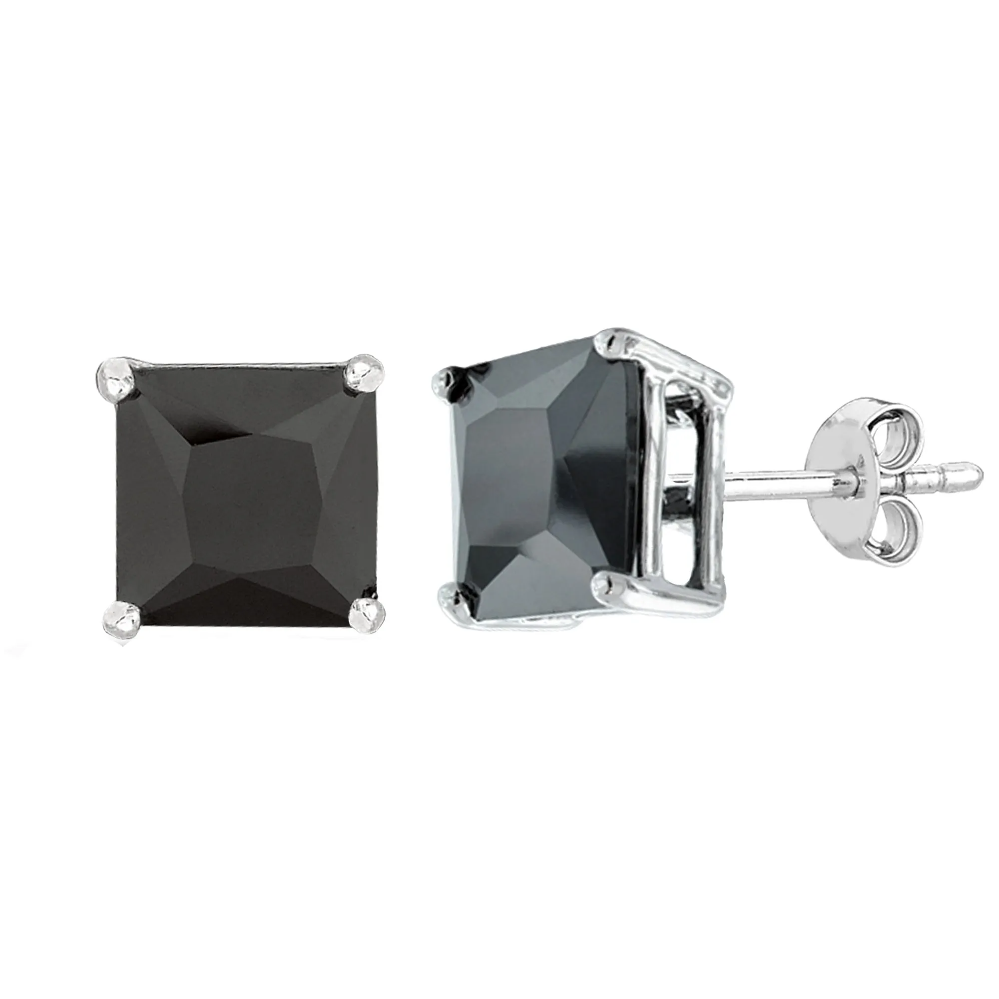 Sterling Silver Rhodium Finish Princess Cut Black Cubic Zirconia Stud Earring